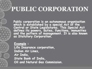 PUBLIC CORPORATION
Public corporation is an autonomous organisation
which is established by a special Act of the
Central or State Legislatures. This Special Act
defines its powers, duties, functions, immunities
and the pattern of management. It is also known
as Statutory Corporation.
Example :
Life Insurance corporation,
Indian Air Lines,
Air India,
State Bank of India,
Oil and Natural Gas Commission.
 
