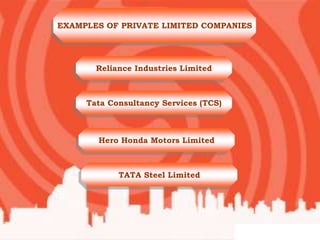 EXAMPLES OF PRIVATE LIMITED COMPANIES
Reliance Industries Limited
Tata Consultancy Services (TCS)
Hero Honda Motors Limited
TATA Steel Limited
 