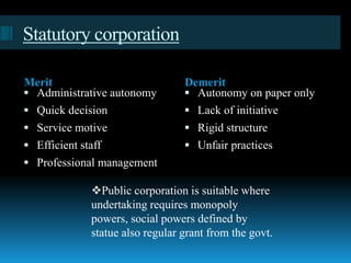 Statutory corporation
Merit Demerit
 Administrative autonomy
 Quick decision
 Service motive
 Efficient staff
 Professional management
 Autonomy on paper only
 Lack of initiative
 Rigid structure
 Unfair practices
Public corporation is suitable where
undertaking requires monopoly
powers, social powers defined by
statue also regular grant from the govt.
 