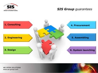 SIS Group guarantees




1. Consulting           4. Procurement




2. Engineering           5. Assembling




3. Design               6. System launching




                                         23
 