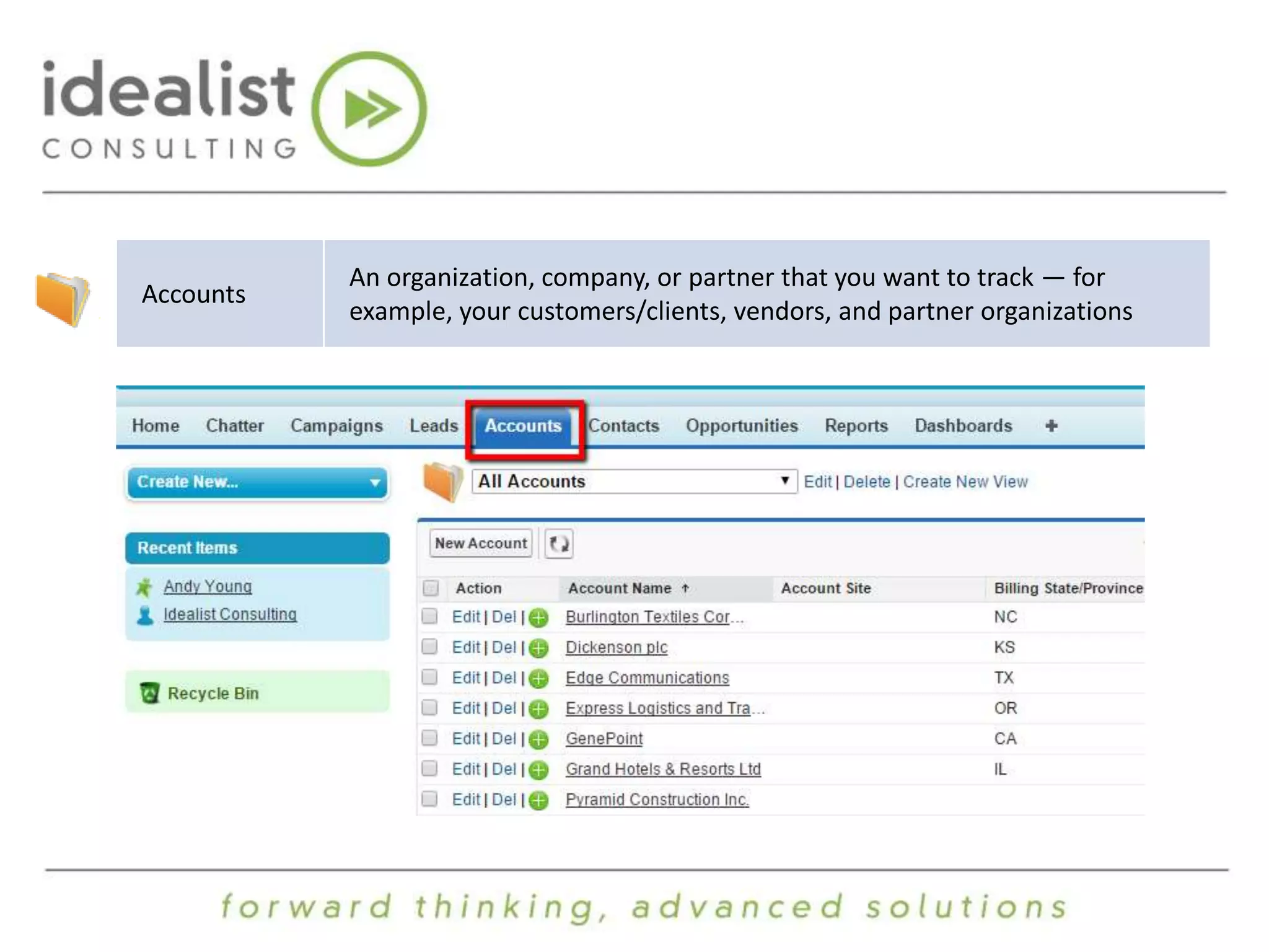 Accounts 
An organization, company, or partner that you want to track — for 
example, your customers/clients, vendors, and partner organizations 
 