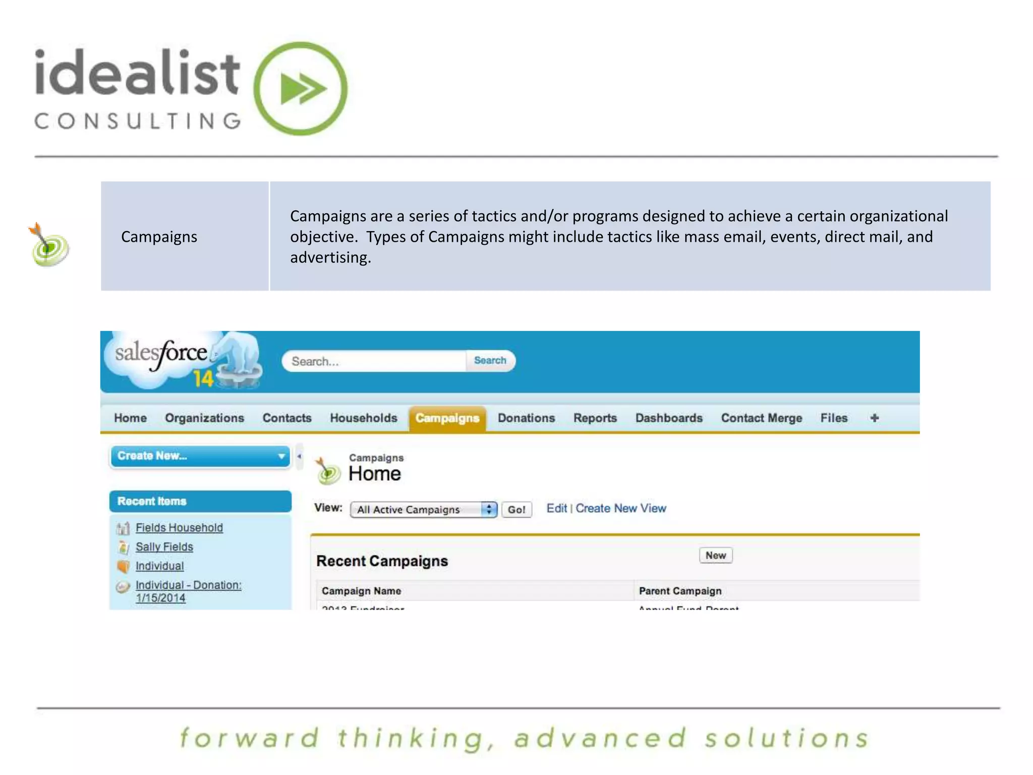 Campaigns 
Campaigns are a series of tactics and/or programs designed to achieve a certain organizational 
objective. Types of Campaigns might include tactics like mass email, events, direct mail, and 
advertising. 
 