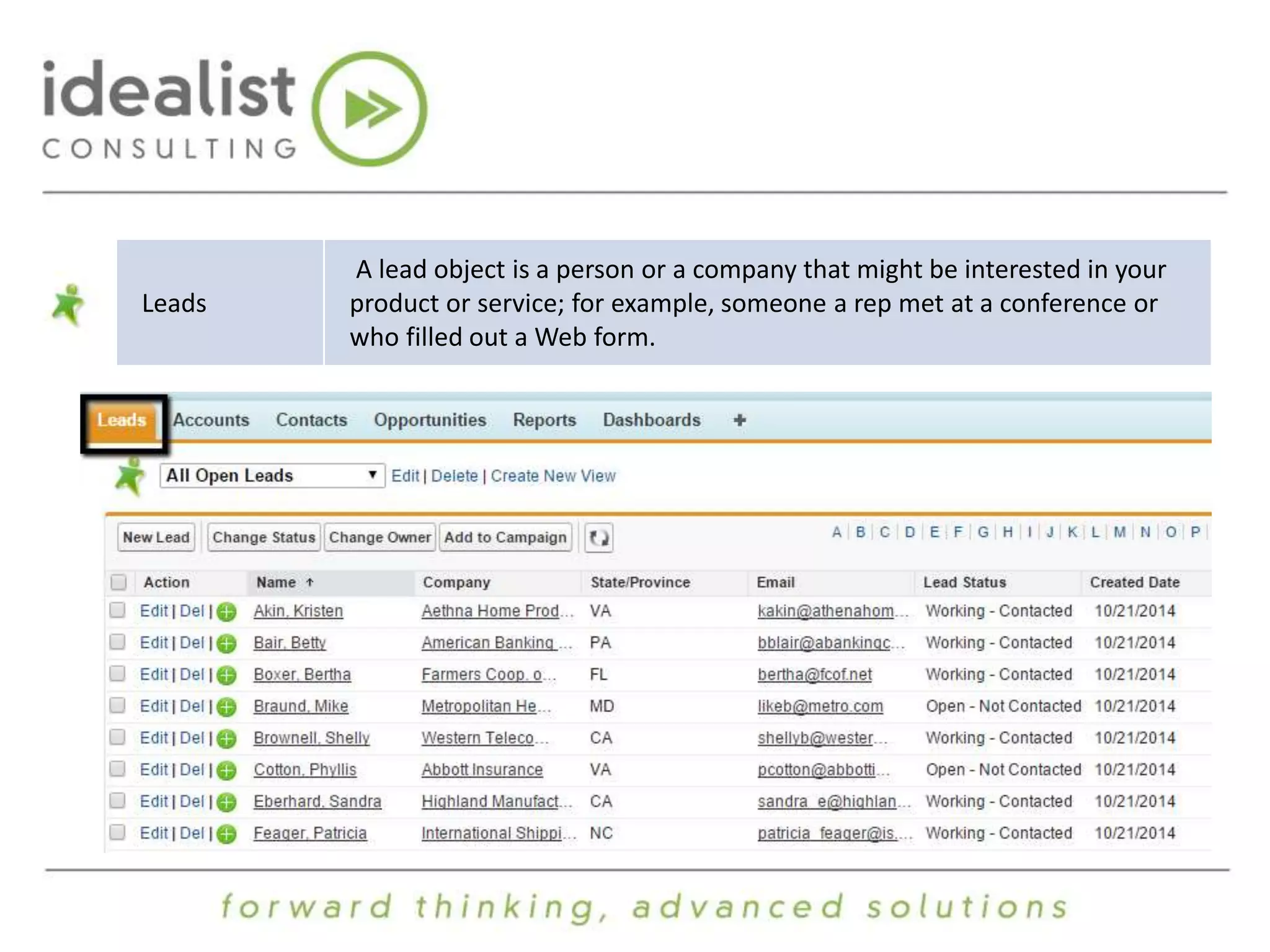 Leads 
A lead object is a person or a company that might be interested in your 
product or service; for example, someone a rep met at a conference or 
who filled out a Web form. 
 