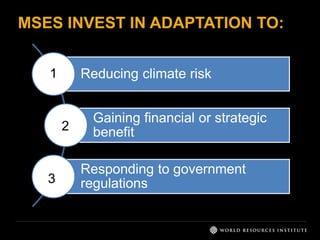 MSES INVEST IN ADAPTATION TO: 
Reducing climate risk 
Gaining financial or strategic 
benefit 
Responding to government 
regulations 
1 
2 
3 
 