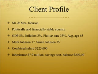 Client Profile Mr. & Mrs. Johnson Politically and financially stable country GDP 8%, Inflation 3%, Flat-tax rate 35%, Avg. age 65 Mark Johnson 37, Susan Johnson 35 Combined salary $225,000 Inheritance $7.9 million, savings acct. balance $200,00 