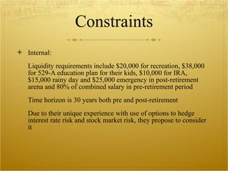 Constraints Internal: Liquidity requirements include $20,000 for recreation, $38,000 for 529-A education plan for their kids, $10,000 for IRA, $15,000 rainy day and $25,000 emergency in post-retirement arena and 80% of combined salary in pre-retirement period Time horizon is 30 years both pre and post-retirement Due to their unique experience with use of options to hedge interest rate risk and stock market risk, they propose to consider it 