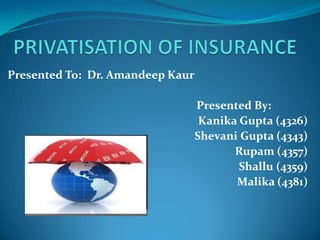 Presented To: Dr. Amandeep Kaur

                                  Presented By:
                                   Kanika Gupta (4326)
                                  Shevani Gupta (4343)
                                         Rupam (4357)
                                          Shallu (4359)
                                         Malika (4381)
 