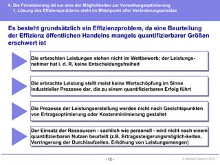 - 12 - © Michael Danisch 2010
Es besteht grundsätzlich ein Effizienzproblem, da eine Beurteilung
der Effizienz öffentlichen Handelns mangels quantifizierbarer Größen
erschwert ist
A. Die Privatisierung ist nur eine der Möglichkeiten zur Verwaltungsoptimierung
1. Lösung des Effizienzproblems steht im Mittelpunkt aller Veränderungsansätze
Die erbrachten Leistungen stehen nicht im Wettbewerb; der Leistungs-
nehmer hat i. d. R. keine Entscheidungsfreiheit
Die erbrachten Leistungen stehen nicht im Wettbewerb; der Leistungs-
nehmer hat i. d. R. keine Entscheidungsfreiheit
Die erbrachte Leistung stellt meist keine Wertschöpfung im Sinne
industrieller Prozesse dar, die zu einem quantifizierbaren Erfolg führt
Die erbrachte Leistung stellt meist keine Wertschöpfung im Sinne
industrieller Prozesse dar, die zu einem quantifizierbaren Erfolg führt
Die Prozesse der Leistungserstellung werden nicht nach Gesichtspunkten
von Ertragsoptimierung oder Kostenminimierung gestaltet
Die Prozesse der Leistungserstellung werden nicht nach Gesichtspunkten
von Ertragsoptimierung oder Kostenminimierung gestaltet
Der Einsatz der Ressourcen - sachlich wie personell - wird nicht nach einem
quantifizierbaren Nutzen beurteilt (z.B. Ertragssteigerungsmöglich-keiten,
Verringerung der Durchlaufzeiten, Erhöhung von Leistungsmengen)
Der Einsatz der Ressourcen - sachlich wie personell - wird nicht nach einem
quantifizierbaren Nutzen beurteilt (z.B. Ertragssteigerungsmöglich-keiten,
Verringerung der Durchlaufzeiten, Erhöhung von Leistungsmengen)
 
