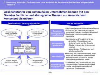 - 26 - © Michael Danisch 2010
Geschäftsführer von kommunalen Unternehmen können mit den
Gremien fachliche und strategische Themen nur unzureichend
kompetent diskutieren
Praxisbeispiel Versorgungsbetrieb…Praxisbeispiel Versorgungsbetrieb… ……wie es sein solltewie es sein sollte
Beratungs-
kompetenz und
-verpflichtung
Management-
qualifikation
Personenkreis
Vermeidung von
Fremdinteressen
• Grundsatzfragen der Unternehmensführung
• Erörterung der Vorstandsberichte und
andederer Vorlagen zum Geschäftsverlauf
• Diskussion zustimmungspflichtiger
Geschäfte
• Kenntnis der und Verständnis für die
- kritischen Erfolgsfaktoren der
Unternehmung und der Branche
- Märkte in denen das Unternehmen
operiert
- einschlägigen Wettbewerber und
Wettbewerbskräfte
• Mischung aus unternehmerischen, tech-
nisch und wirtschaftlich professionellen
Persönlichkeiten, die sich im aktiven
Geschäftsleben bewährt haben
• Entwicklung von Grundsätzen zur ord-
nungsmäßigen Überwachungstätigkeit
• Primat betriebswirtschaftlicher und
rechtlicher Überlegungen
Kennzahlen
zum
A Bilanz P
1.600 1.600
GuV-Rechnung
Umsatz 1.700
betr. Aufw.
Aufsichtsratsvorlage
Verwaltungsange-
stellter mit Gewerk-
schaftskarriere
Anwalt für Ehe- und
Familienangele-
genheiten
Lehrer für Biologie
und Mathematik
Hausfrau, Mitglied
des Kirchenvorstands
C. Steuerung, Kontrolle, Einflussnahme - wie weit darf die Autonomie des Betriebs eingeschränkt
werden?
 