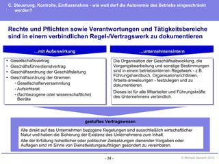- 34 - © Michael Danisch 2010
Rechte und Pflichten sowie Verantwortungen und Tätigkeitsbereiche
sind in einem verbindlichen Regel-/Vertragswerk zu dokumentieren
C. Steuerung, Kontrolle, Einflussnahme - wie weit darf die Autonomie des Betriebs eingeschränkt
werden?
……mit Außenwirkungmit Außenwirkung
• Gesellschaftsvertrag
• Geschäftsführerdienstvertrag
• Geschäftsordnung der Geschäftsleitung
• Geschäftsordnung der Gremien
- Gesellschafterversammlung
- Aufsichtsrat
- (fachbezogene oder wissenschaftliche)
Beiräte
• Gesellschaftsvertrag
• Geschäftsführerdienstvertrag
• Geschäftsordnung der Geschäftsleitung
• Geschäftsordnung der Gremien
- Gesellschafterversammlung
- Aufsichtsrat
- (fachbezogene oder wissenschaftliche)
Beiräte
gestuftes Vertragswesen
Alle direkt auf das Unternehmen bezogene Regelungen sind ausschließlich wirtschaftlicher
Natur und haben die Sicherung der Existenz des Unternehmens zum Inhalt.
Alle der Erfüllung hoheitlicher oder politischer Zielsetzungen dienender Vorgaben oder
Auflagen sind im Sinne von Dienstleistungsaufträgen gesondert zu vereinbaren.
……unternehmensinternunternehmensintern
Die Organisation der Geschäftsabwicklung, die
Vorgangsbearbeitung und sonstige Bestimmungen
sind in einem betriebsinternen Regelwerk - z.B.
Führungshandbuch, Organisationsrichtlinien,
Arbeits-anweisungen - festzulegen und zu
dokumentieren.
Dieses ist für alle Mitarbeiter und Führungskräfte
des Unternehmens verbindlich.
Die Organisation der Geschäftsabwicklung, die
Vorgangsbearbeitung und sonstige Bestimmungen
sind in einem betriebsinternen Regelwerk - z.B.
Führungshandbuch, Organisationsrichtlinien,
Arbeits-anweisungen - festzulegen und zu
dokumentieren.
Dieses ist für alle Mitarbeiter und Führungskräfte
des Unternehmens verbindlich.
 