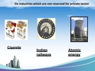 Six industries which are not reserved for private sector
Cigarette
Atomic
energy
Indian
railways
 