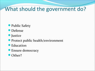 What should the government do?
Public Safety
Defense
Justice
Protect public health/environment
Education
Ensure democracy
Other?

 