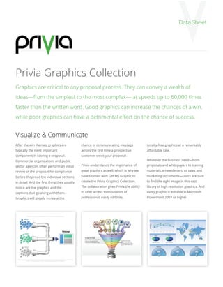 Data Sheet




Privia Graphics Collection
Graphics are critical to any proposal process. They can convey a wealth of
ideas—from the simplest to the most complex— at speeds up to 60,000 times
faster than the written word. Good graphics can increase the chances of a win,
while poor graphics can have a detrimental eﬀect on the chance of success.


Visualize & Communicate
After the win themes, graphics are                                                                                                 chance of communicating message                                                                       royalty-free graphics at a remarkably
typically the most important                                                                                                       across the ﬁrst time a prospective                                                                    aﬀordable rate.
component in scoring a proposal.                                                                                                   customer views your proposal.
Commercial organizations and public                                                                                                                                                                                                      Whatever the business need—from
sector agencies often perform an initial                                                                                           Privia understands the importance of                                                                  proposals and whitepapers to training
review of the proposal for compliance                                                                                              great graphics as well, which is why we                                                               materials, e-newsletters, or sales and
before they read the individual sections                                                                                           have teamed with Get My Graphic to                                                                    marketing documents—users are sure
in detail. And the ﬁrst thing they usually                                                                                         create the Privia Graphics Collection.                                                                to ﬁnd the right image in this vast
notice are the graphics and the                                                                                                    The collaboration gives Privia the ability                                                            library of high resolution graphics. And
captions that go along with them.                                                                                                  to oﬀer access to thousands of                                                                        every graphic is editable in Microsoft
Graphics will greatly increase the                                                                                                 professional, easily editable,                                                                        PowerPoint 2007 or higher.




                     Make your own pipe graphics. Get more Pipe Graphic pieces.

               Input A
                                                                                                                                                                                                                                                                                Bandwidth Usage                                               Active Users
                                                                                                                                                                                                                                                        70
                                                                                                                                                                              Element           Element                                                 60
                                                                                                                                                                    Element                               Element                                       50
                                                                                                                                                                                                                                          Bandwidth %




                                                                                                                                                                                                                                                             Inbound
                                                                                                                                                      Element                                                          Element                          40
                                                                                                                                                                                                                                                        30
                                                                                                                                                                                                                                                                 Outbound
                                                                                                                                                                                                                                                        20
                                                                                                                                                                                                                                                        10


                                                                                                      Webpage
                                                                                                                                                                                                                                                         0
                                                                                                                                                                                                                                                             8:00       9:00        10:00   11:00   12:00      1:00     2:00

                 Input B                                                                                                                                                                                                                                                            Memory Usage

                                                                                                                                                                                        Title                                                                   Drive A                                     Drive B

                                                                                                                                     Funnel Info Here                                   Title
                                                                                                                                     Place information here. More
                                                                                                                                     data can be placed here.                           Title                   Place information
                                                                                                                                     Place your information here.                                               here. More data can                          Used      Free Space                    Used       Free Space
                                                                                                                                                                                        Title                   be placed here. Place
                                                                                                                                                                                                                your information here.                                                                                         Active Users
                                                                                                                                                                                        Title
                                                                                                                                                                                                                                                                       United Sates                                              England                     Australia
                 Input C                                                                                                                                                                Title

                                                                                                                                                                                                                                                                            Average                                              Average                      Average
                                                                                                                                                                                                                                                                            0 3 2                                                0 2 6                        0 8 3




                                                                                                                                                                                  Title Here

 Group and ungroup as needed to move elements. When scaling, group all elements to be scaled. Scale as needed. Use the “Increase
                   Font Size,” “Decrease Font Size” buttons or manually change the font size for the editable text.
 