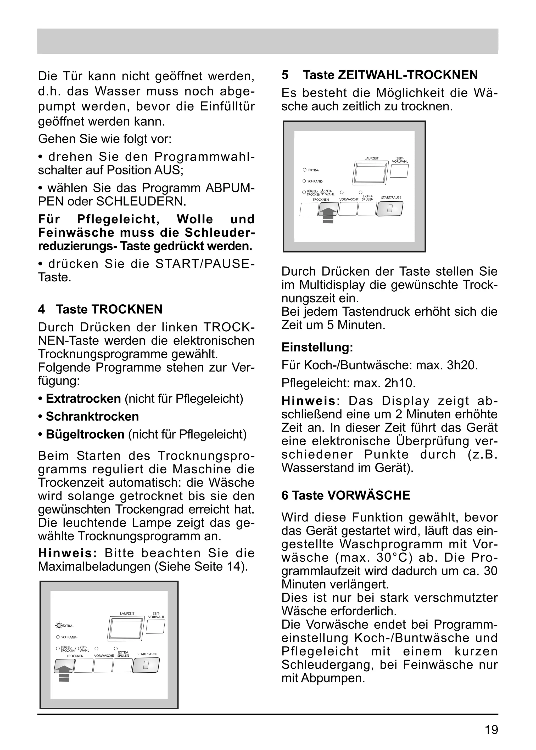 Die Tür kann nicht geöffnet werden,                            5 Taste ZEITWAHL-TROCKNEN
d.h. das Wasser muss noch abge-                                Es besteht die Möglichkeit die Wä-
pumpt werden, bevor die Einfülltür                             sche auch zeitlich zu trocknen.
geöffnet werden kann.
Gehen Sie wie folgt vor:
• drehen Sie den Programmwahl-                                                                     LAUFZEIT          ZEIT-
                                                                                                                   VORWAHL


schalter auf Position AUS;                                         EXTRA-


                                                                   SCHRANK-


• wählen Sie das Programm ABPUM-                                   BÜGEL-
                                                                   TROCKEN
                                                                              ZEIT-
                                                                              WAHL


PEN oder SCHLEUDERN.
                                                                                                  EXTRA       START/PAUSE
                                                                      TROCKNEN        VORWÄSCHE   SPÜLEN




Für Pflegeleicht, Wolle und
Feinwäsche muss die Schleuder-
reduzierungs- Taste gedrückt werden.
• drücken Sie die START/PAUSE-
Taste.                                                         Durch Drücken der Taste stellen Sie
                                                               im Multidisplay die gewünschte Trock-
                                                               nungszeit ein.
4 Taste TROCKNEN                                               Bei jedem Tastendruck erhöht sich die
Durch Drücken der linken TROCK-                                Zeit um 5 Minuten.
NEN-Taste werden die elektronischen
                                                               Einstellung:
Trocknungsprogramme gewählt.
Folgende Programme stehen zur Ver-                             Für Koch-/Buntwäsche: max. 3h20.
fügung:                                                        Pflegeleicht: max. 2h10.
• Extratrocken (nicht für Pflegeleicht)                        Hinweis: Das Display zeigt ab-
• Schranktrocken                                               schließend eine um 2 Minuten erhöhte
                                                               Zeit an. In dieser Zeit führt das Gerät
• Bügeltrocken (nicht für Pflegeleicht)
                                                               eine elektronische Überprüfung ver-
Beim Starten des Trocknungspro-                                schiedener Punkte durch (z.B.
gramms reguliert die Maschine die                              Wasserstand im Gerät).
Trockenzeit automatisch: die Wäsche
wird solange getrocknet bis sie den                            6 Taste VORWÄSCHE
gewünschten Trockengrad erreicht hat.
Die leuchtende Lampe zeigt das ge-                             Wird diese Funktion gewählt, bevor
wählte Trocknungsprogramm an.                                  das Gerät gestartet wird, läuft das ein-
                                                               gestellte Waschprogramm mit Vor-
Hinweis: Bitte beachten Sie die                                wäsche (max. 30°C) ab. Die Pro-
Maximalbeladungen (Siehe Seite 14).                            grammlaufzeit wird dadurch um ca. 30
                                                               Minuten verlängert.
                                                               Dies ist nur bei stark verschmutzter
                                    LAUFZEIT           ZEIT-
                                                     VORWAHL
                                                               Wäsche erforderlich.
    EXTRA-
                                                               Die Vorwäsche endet bei Programm-
    SCHRANK-
                                                               einstellung Koch-/Buntwäsche und
                                                               Pflegeleicht mit einem kurzen
    BÜGEL-     ZEIT-
    TROCKEN    WAHL
                                   EXTRA       START/PAUSE
       TROCKNEN        VORWÄSCHE   SPÜLEN


                                                               Schleudergang, bei Feinwäsche nur
                                                               mit Abpumpen.



                                                                                                                             19
 