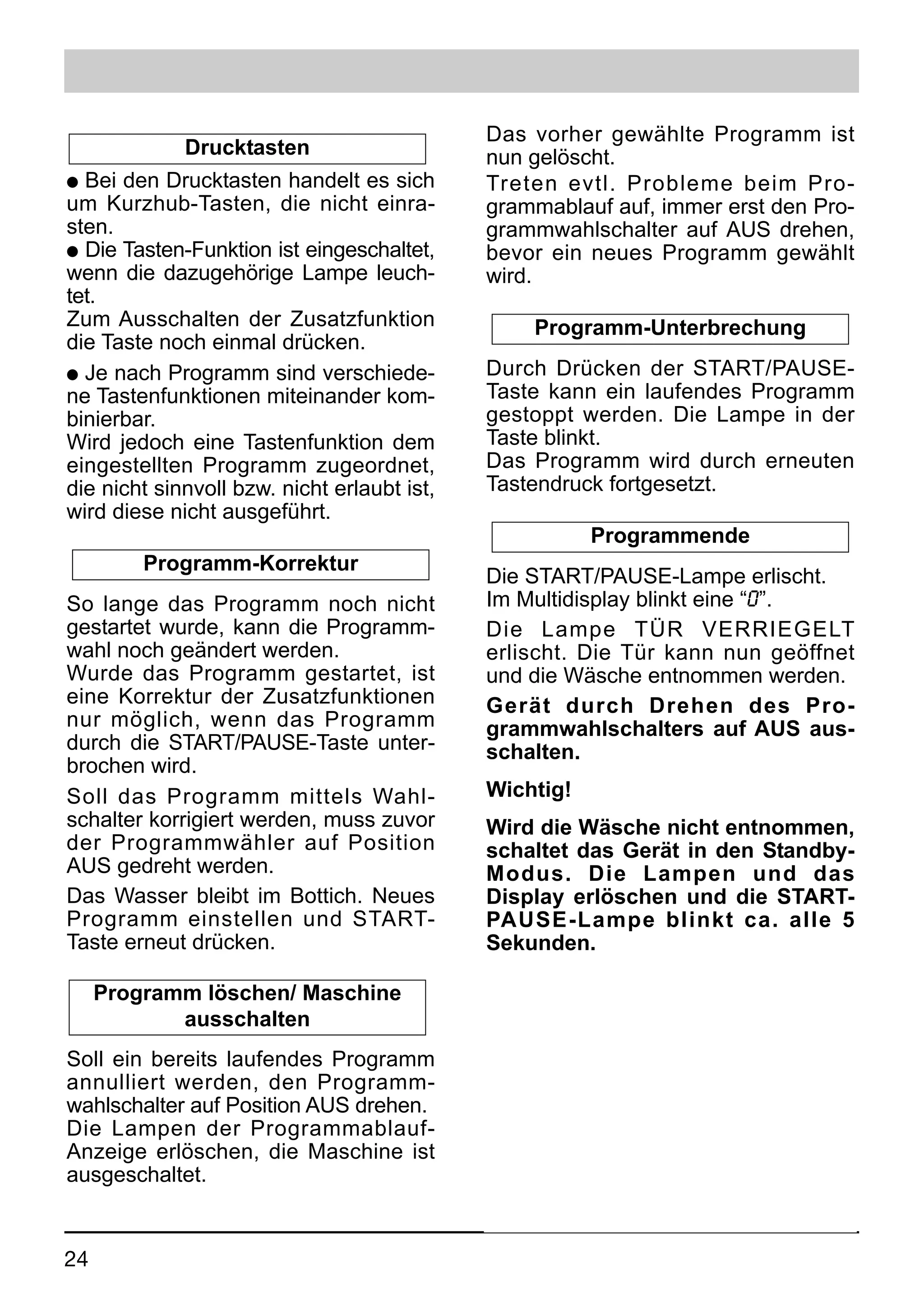 Das vorher gewählte Programm ist
             Drucktasten                     nun gelöscht.
q Bei den Drucktasten handelt es sich        Treten evtl. Probleme beim Pro-
um Kurzhub-Tasten, die nicht einra-          grammablauf auf, immer erst den Pro-
sten.                                        grammwahlschalter auf AUS drehen,
q Die Tasten-Funktion ist eingeschaltet,     bevor ein neues Programm gewählt
wenn die dazugehörige Lampe leuch-           wird.
tet.
Zum Ausschalten der Zusatzfunktion               Programm-Unterbrechung
die Taste noch einmal drücken.
q Je nach Programm sind verschiede-          Durch Drücken der START/PAUSE-
ne Tastenfunktionen miteinander kom-         Taste kann ein laufendes Programm
binierbar.                                   gestoppt werden. Die Lampe in der
Wird jedoch eine Tastenfunktion dem          Taste blinkt.
eingestellten Programm zugeordnet,           Das Programm wird durch erneuten
die nicht sinnvoll bzw. nicht erlaubt ist,   Tastendruck fortgesetzt.
wird diese nicht ausgeführt.
                                                        Programmende
         Programm-Korrektur
                                             Die START/PAUSE-Lampe erlischt.
So lange das Programm noch nicht             Im Multidisplay blinkt eine “0”.
gestartet wurde, kann die Programm-          Die Lampe TÜR VERRIEGELT
wahl noch geändert werden.                   erlischt. Die Tür kann nun geöffnet
Wurde das Programm gestartet, ist            und die Wäsche entnommen werden.
eine Korrektur der Zusatzfunktionen          Gerät durch Drehen des Pro-
nur möglich, wenn das Programm               grammwahlschalters auf AUS aus-
durch die START/PAUSE-Taste unter-           schalten.
brochen wird.
Soll das Programm mittels Wahl-              Wichtig!
schalter korrigiert werden, muss zuvor       Wird die Wäsche nicht entnommen,
der Programmwähler auf Position              schaltet das Gerät in den Standby-
AUS gedreht werden.                          Modus. Die Lampen und das
Das Wasser bleibt im Bottich. Neues          Display erlöschen und die START-
Programm einstellen und START-               PAUSE-Lampe blinkt ca. alle 5
Taste erneut drücken.                        Sekunden.

     Programm löschen/ Maschine
            ausschalten
Soll ein bereits laufendes Programm
annulliert werden, den Programm-
wahlschalter auf Position AUS drehen.
Die Lampen der Programmablauf-
Anzeige erlöschen, die Maschine ist
ausgeschaltet.


24
 