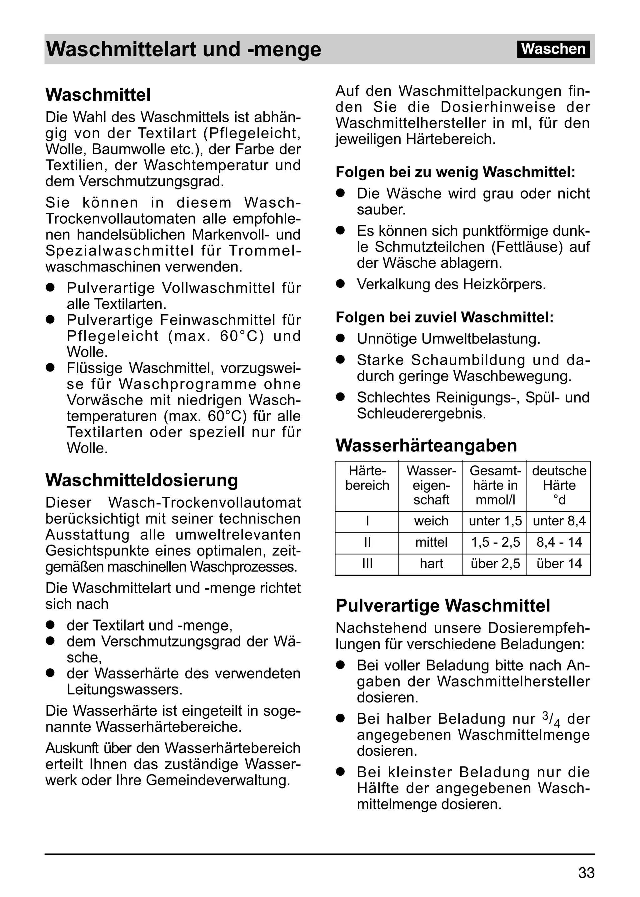 Waschmittelart und -menge                                                  Waschen


Waschmittel                               Auf den Waschmittelpackungen fin-
                                          den Sie die Dosierhinweise der
Die Wahl des Waschmittels ist abhän-      Waschmittelhersteller in ml, für den
gig von der Textilart (Pflegeleicht,      jeweiligen Härtebereich.
Wolle, Baumwolle etc.), der Farbe der
Textilien, der Waschtemperatur und        Folgen bei zu wenig Waschmittel:
dem Verschmutzungsgrad.
                                          q Die Wäsche wird grau oder nicht
Sie können in diesem Wasch-                  sauber.
Trockenvollautomaten alle empfohle-
nen handelsüblichen Markenvoll- und       q Es können sich punktförmige dunk-
Spezialwaschmittel für Trommel-              le Schmutzteilchen (Fettläuse) auf
waschmaschinen verwenden.                    der Wäsche ablagern.
q Pulverartige Vollwaschmittel für        q Verkalkung des Heizkörpers.
   alle Textilarten.
q Pulverartige Feinwaschmittel für        Folgen bei zuviel Waschmittel:
   Pflegeleicht (max. 60°C) und           q Unnötige Umweltbelastung.
   Wolle.                                 q Starke Schaumbildung und da-
q Flüssige Waschmittel, vorzugswei-
                                             durch geringe Waschbewegung.
   se für Waschprogramme ohne
   Vorwäsche mit niedrigen Wasch-         q Schlechtes Reinigungs-, Spül- und
   temperaturen (max. 60°C) für alle         Schleuderergebnis.
   Textilarten oder speziell nur für
   Wolle.                                 Wasserhärteangaben
                                           Härte-    Wasser- Gesamt- deutsche
Waschmitteldosierung                       bereich   eigen-  härte in Härte
Dieser Wasch-Trockenvollautomat                       schaft  mmol/l    °d
berücksichtigt mit seiner technischen         I       weich    unter 1,5 unter 8,4
Ausstattung alle umweltrelevanten             II      mittel   1,5 - 2,5    8,4 - 14
Gesichtspunkte eines optimalen, zeit-
gemäßen maschinellen Waschprozesses.         III      hart     über 2,5     über 14
Die Waschmittelart und -menge richtet
sich nach                                 Pulverartige Waschmittel
q der Textilart und -menge,               Nachstehend unsere Dosierempfeh-
q dem Verschmutzungsgrad der Wä-          lungen für verschiedene Beladungen:
   sche,                                  q Bei voller Beladung bitte nach An-
q der Wasserhärte des verwendeten
                                             gaben der Waschmittelhersteller
   Leitungswassers.
                                             dosieren.
Die Wasserhärte ist eingeteilt in soge-   q Bei halber Beladung nur 3 / 4 der
nannte Wasserhärtebereiche.
                                             angegebenen Waschmittelmenge
Auskunft über den Wasserhärtebereich         dosieren.
erteilt Ihnen das zuständige Wasser-      q Bei kleinster Beladung nur die
werk oder Ihre Gemeindeverwaltung.
                                             Hälfte der angegebenen Wasch-
                                             mittelmenge dosieren.



                                                                                   33
 