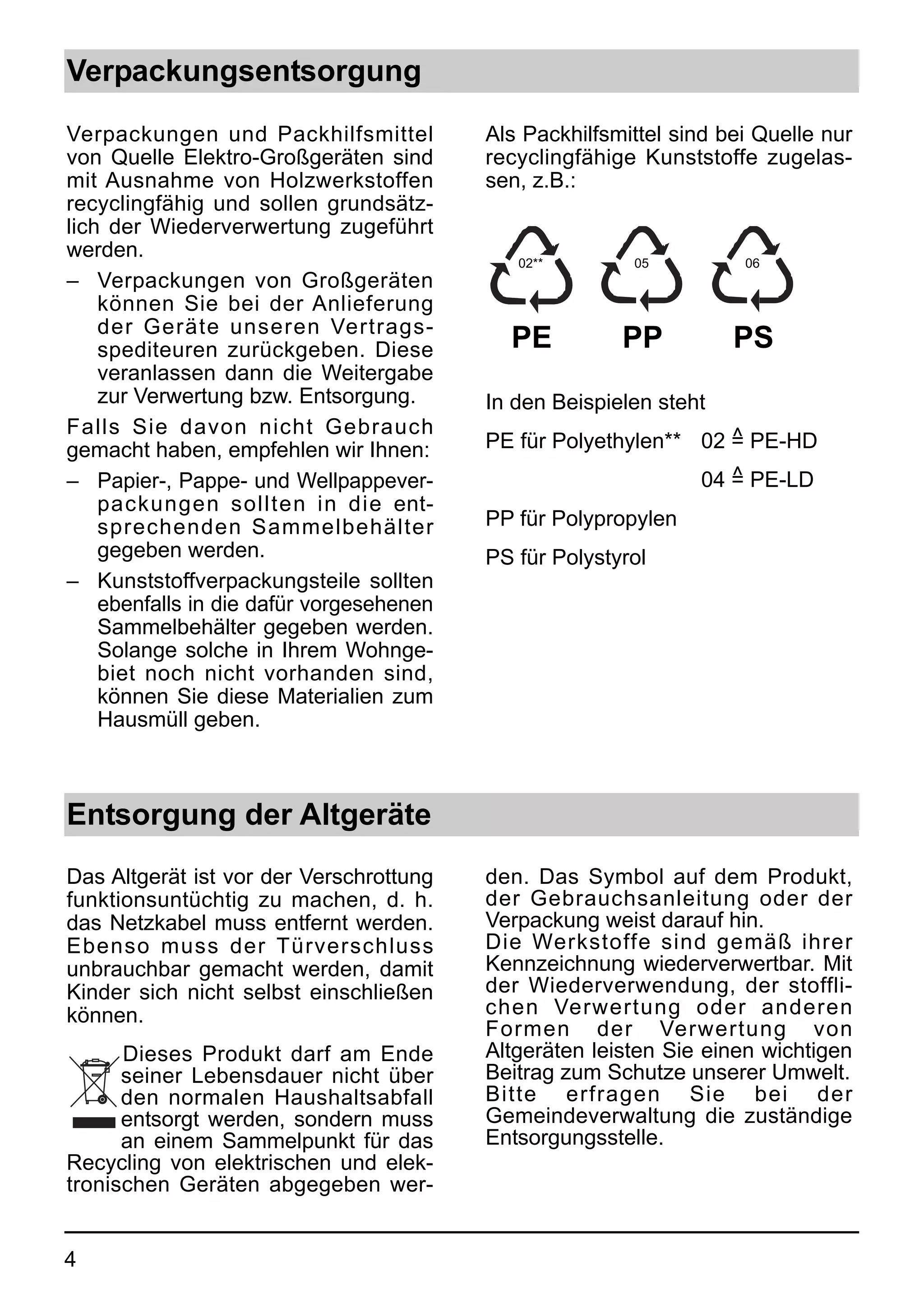 Verpackungsentsorgung
Verpackungen und Packhilfsmittel          Als Packhilfsmittel sind bei Quelle nur
von Quelle Elektro-Großgeräten sind       recyclingfähige Kunststoffe zugelas-
mit Ausnahme von Holzwerkstoffen          sen, z.B.:
recyclingfähig und sollen grundsätz-
lich der Wiederverwertung zugeführt
werden.                                      02**        05          06
– Verpackungen von Großgeräten
    können Sie bei der Anlieferung
    der Geräte unseren Vertrags-
    spediteuren zurückgeben. Diese          PE          PP          PS
    veranlassen dann die Weitergabe
    zur Verwertung bzw. Entsorgung.       In den Beispielen steht
Falls Sie davon nicht Gebrauch                                    ^
gemacht haben, empfehlen wir Ihnen:       PE für Polyethylen** 02 = PE-HD
– Papier-, Pappe- und Wellpappever-                                ^
                                                                04 = PE-LD
    packungen sollten in die ent-
    sprechenden Sammelbehälter            PP für Polypropylen
    gegeben werden.                       PS für Polystyrol
– Kunststoffverpackungsteile sollten
    ebenfalls in die dafür vorgesehenen
    Sammelbehälter gegeben werden.
    Solange solche in Ihrem Wohnge-
    biet noch nicht vorhanden sind,
    können Sie diese Materialien zum
    Hausmüll geben.



Entsorgung der Altgeräte
Das Altgerät ist vor der Verschrottung    den. Das Symbol auf dem Produkt,
funktionsuntüchtig zu machen, d. h.       der Gebrauchsanleitung oder der
das Netzkabel muss entfernt werden.       Verpackung weist darauf hin.
Ebenso muss der Türverschluss             Die Werkstoffe sind gemäß ihrer
unbrauchbar gemacht werden, damit         Kennzeichnung wiederverwertbar. Mit
Kinder sich nicht selbst einschließen     der Wiederverwendung, der stoffli-
können.                                   chen Verwertung oder anderen
                                          Formen der Verwertung von
      Dieses Produkt darf am Ende         Altgeräten leisten Sie einen wichtigen
      seiner Lebensdauer nicht über       Beitrag zum Schutze unserer Umwelt.
      den normalen Haushaltsabfall        Bitte erfragen Sie bei der
      entsorgt werden, sondern muss       Gemeindeverwaltung die zuständige
      an einem Sammelpunkt für das        Entsorgungsstelle.
Recycling von elektrischen und elek-
tronischen Geräten abgegeben wer-


4
 