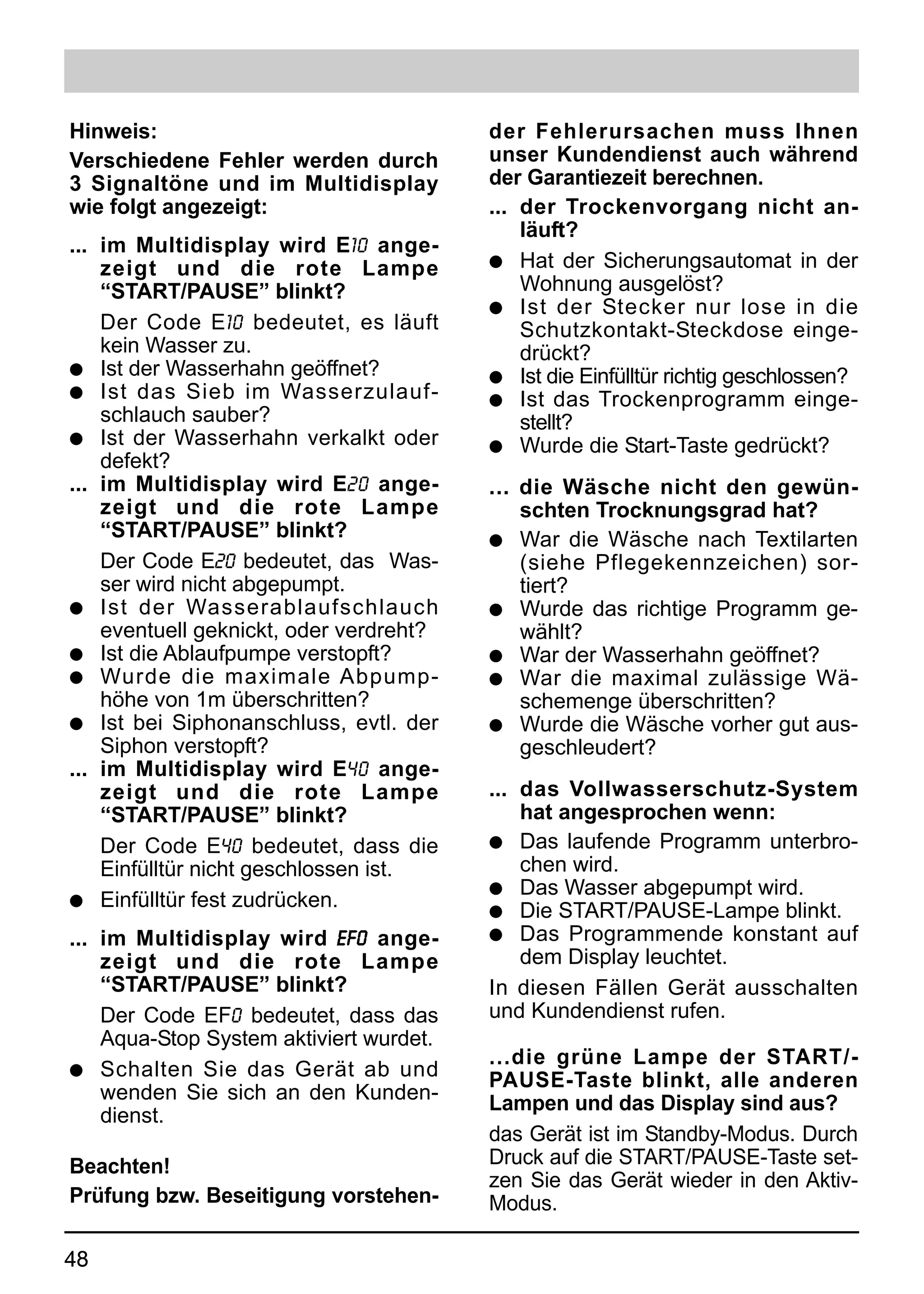 Hinweis:                                 der Fehlerursachen muss Ihnen
Verschiedene Fehler werden durch         unser Kundendienst auch während
3 Signaltöne und im Multidisplay         der Garantiezeit berechnen.
wie folgt angezeigt:                     ... der Trockenvorgang nicht an-
                                             läuft?
... im Multidisplay wird E10 ange-
    zeigt und die rote Lampe             q Hat der Sicherungsautomat in der
    “START/PAUSE” blinkt?                    Wohnung ausgelöst?
                                         q Ist der Stecker nur lose in die
    Der Code E10 bedeutet, es läuft          Schutzkontakt-Steckdose einge-
    kein Wasser zu.                          drückt?
q Ist der Wasserhahn geöffnet?           q Ist die Einfülltür richtig geschlossen?
q Ist das Sieb im Wasserzulauf-          q Ist das Trockenprogramm einge-
    schlauch sauber?                         stellt?
q Ist der Wasserhahn verkalkt oder       q Wurde die Start-Taste gedrückt?
    defekt?
... im Multidisplay wird E20 ange-       ... die Wäsche nicht den gewün-
    zeigt und die rote Lampe                 schten Trocknungsgrad hat?
    “START/PAUSE” blinkt?                q War die Wäsche nach Textilarten
    Der Code E20 bedeutet, das Was-          (siehe Pflegekennzeichen) sor-
    ser wird nicht abgepumpt.                tiert?
q Ist der Wasserablaufschlauch           q Wurde das richtige Programm ge-
    eventuell geknickt, oder verdreht?       wählt?
q Ist die Ablaufpumpe verstopft?         q War der Wasserhahn geöffnet?
q Wurde die maximale Abpump-             q War die maximal zulässige Wä-
    höhe von 1m überschritten?               schemenge überschritten?
q Ist bei Siphonanschluss, evtl. der     q Wurde die Wäsche vorher gut aus-
    Siphon verstopft?                        geschleudert?
... im Multidisplay wird E40 ange-
    zeigt und die rote Lampe             ... das Vollwasserschutz-System
    “START/PAUSE” blinkt?                    hat angesprochen wenn:
    Der Code E40 bedeutet, dass die      q Das laufende Programm unterbro-
    Einfülltür nicht geschlossen ist.        chen wird.
                                         q Das Wasser abgepumpt wird.
q Einfülltür fest zudrücken.
                                         q Die START/PAUSE-Lampe blinkt.
... im Multidisplay wird EF0 ange-       q Das Programmende konstant auf
    zeigt und die rote Lampe                 dem Display leuchtet.
    “START/PAUSE” blinkt?                In diesen Fällen Gerät ausschalten
    Der Code EF0 bedeutet, dass das      und Kundendienst rufen.
    Aqua-Stop System aktiviert wurdet.
                                         ...die grüne Lampe der START/-
q Schalten Sie das Gerät ab und
                                         PAUSE-Taste blinkt, alle anderen
    wenden Sie sich an den Kunden-       Lampen und das Display sind aus?
    dienst.
                                         das Gerät ist im Standby-Modus. Durch
Beachten!                                Druck auf die START/PAUSE-Taste set-
                                         zen Sie das Gerät wieder in den Aktiv-
Prüfung bzw. Beseitigung vorstehen-      Modus.

48
 