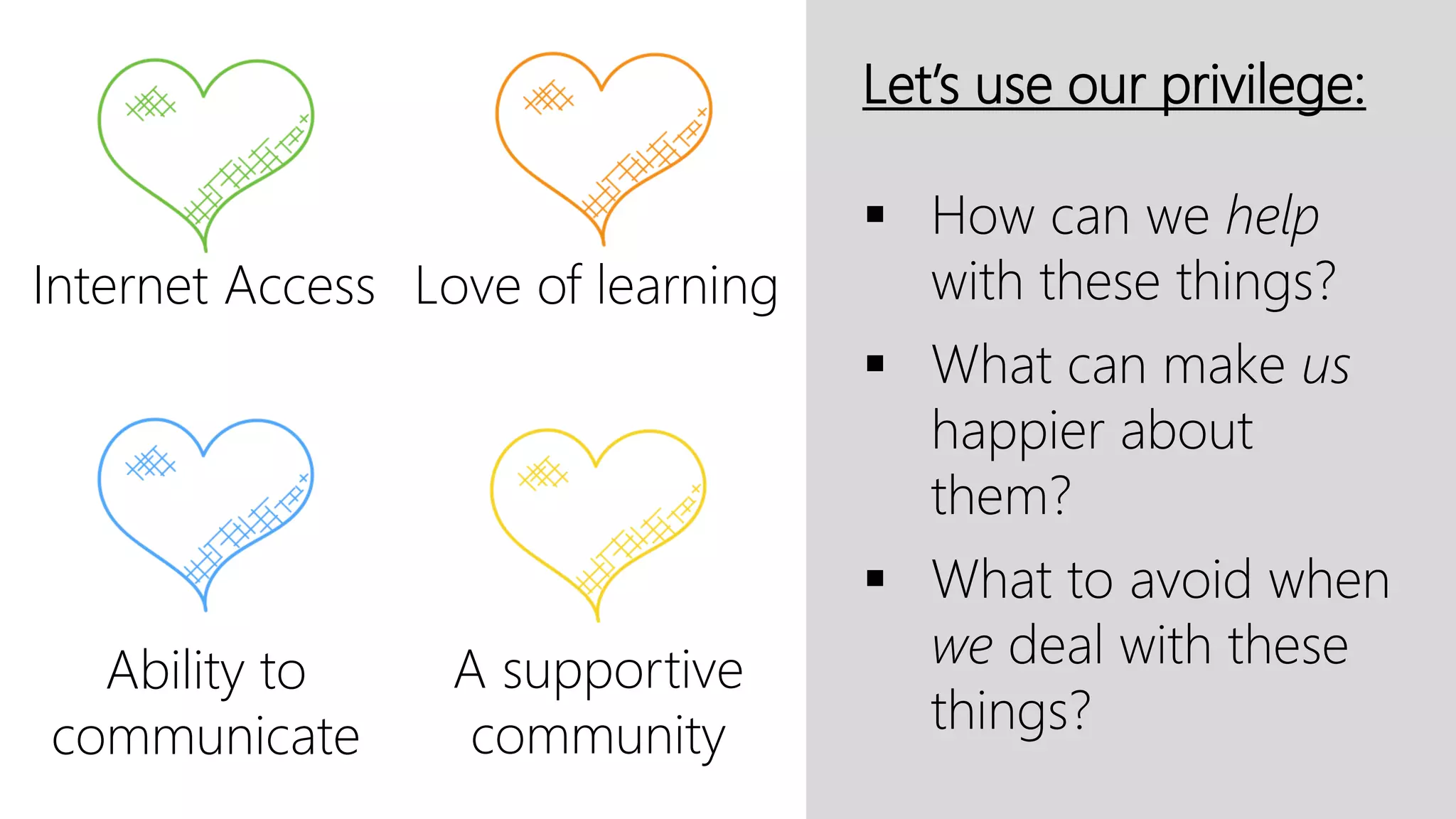 Internet Access Love of learning
Ability to
communicate
A supportive
community
Let’s use our privilege:
▪ How can we help
with these things?
▪ What can make us
happier about
them?
▪ What to avoid when
we deal with these
things?
 