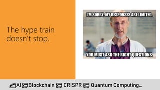 The hype train
doesn’t stop.
🚄AI🚃Blockchain 🚃 CRISPR 🚃 Quantum Computing…
 