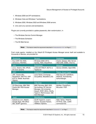 Secure Management of Access to Privileged Accounts
1. Windows 2000 and XP workstations.
2. Windows Vista and Windows 7 workstations.
3. Windows 2000, Windows 2003 and Windows 2008 servers.
4. Unix and Linux servers and workstations.
Plugins are currently provided to update passwords, after randomization, in:
• The Windows Service Control Manager.
• The Windows Scheduler.
• The IIS Web Server.
Note: This feature meets the requirement described in Subsubsection 4.9.1 on Page 9.
Push mode agents, installed on the Hitachi ID Privileged Access Manager server itself and scalable to
thousands of devices, are provided for:
Directories: Servers: Databases:
Any LDAP, AD, NDS,
eDirectory, NIS/NIS+.
Windows 2000–2012,
Samba, NDS, SharePoint.
Oracle, Sybase, SQL Server,
DB2/UDB, ODBC, Informix.
Unix: Mainframes: Midrange:
Linux, Solaris, AIX, HPUX,
24 more variants.
z/OS with RAC/F, ACF/2 or
TopSecret.
iSeries (OS400), OpenVMS.
ERP: Collaboration: Tokens, Smart Cards:
JDE, Oracle eBiz,
PeopleSoft, SAP R/3, SAP
ECC 6, Siebel, Business
Objects.
Lotus Notes, Exchange,
GroupWise, BlackBerry ES.
RSA SecurID, SafeWord,
RADIUS, ActivIdentity,
Schlumberger.
WebSSO: Help Desk: HDD Encryption:
CA Siteminder, IBM TAM,
Oracle AM, RSA Access
Manager.
BMC Remedy, BMC SDE,
ServiceNow, HP Service
Manager, CA Unicenter,
Assyst, HEAT, Altiris, Clarify,
Track-It!, RSA Envision, MS
SCS Manager.
McAfee, CheckPoint,
BitLocker, PGP.
SaaS: Miscellaneous: Extensible:
Salesforce.com, WebEx,
Google Apps, MS Ofﬁce
365, SOAP (generic).
OLAP, Hyperion, iLearn,
Caché, Success Factors,
VMWare vSphere.
SSH, Telnet, TN3270,
HTTP(S), SQL, LDAP,
command-line.
Note: This feature meets the requirement described in Subsection 4.1 on Page 7.
© 2014 Hitachi ID Systems, Inc.. All rights reserved. 15
 