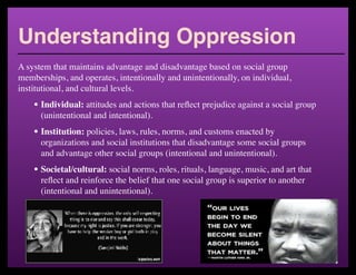 A system that maintains advantage and disadvantage based on social group
memberships, and operates, intentionally and unintentionally, on individual,
institutional, and cultural levels.
• Individual: attitudes and actions that reﬂect prejudice against a social group
(unintentional and intentional).
• Institution: policies, laws, rules, norms, and customs enacted by
organizations and social institutions that disadvantage some social groups
and advantage other social groups (intentional and unintentional).
• Societal/cultural: social norms, roles, rituals, language, music, and art that
reﬂect and reinforce the belief that one social group is superior to another
(intentional and unintentional).
Understanding Oppression
 