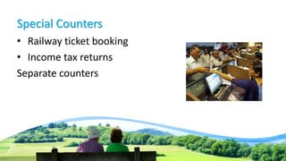 Special Counters
• Railway ticket booking
• Income tax returns
Separate counters
 