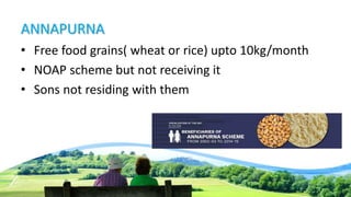 ANNAPURNA
• Free food grains( wheat or rice) upto 10kg/month
• NOAP scheme but not receiving it
• Sons not residing with them
 