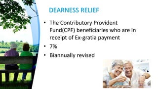 DEARNESS RELIEF
• The Contributory Provident
Fund(CPF) beneficiaries who are in
receipt of Ex-gratia payment
• 7%
• Biannually revised
 