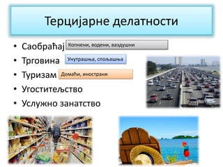 Терцијарне делатности
• Саобраћај
• Трговина
• Туризам
• Угоститељство
• Услужно занатство
Копнени, водени, ваздушни
Унутрашња, спољашња
Домаћи, инострани
 