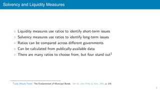 Solvency and Liquidity Measures
◦ Liquidity measures use ratios to identify short-term issues
◦ Solvency measures use rati...