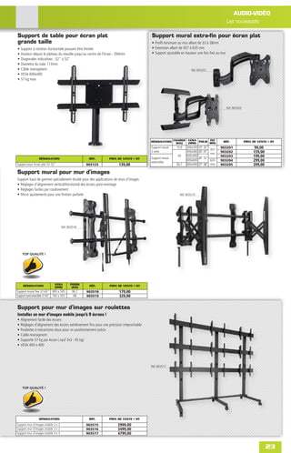AUDIO-VIDÉO
                                                                                                                                             Les nouveautés

Support de table pour écran plat                                                        Support mural extra-fin pour écran plat
grande taille                                                                           • Proﬁl minimum au mur allant de 33 à 38mm
•   Support à rotation horizontale pouvant être limitée                                 • Extension allant de 457 à 635 mm
•   Hauteur depuis le plateau du meuble jusqu'au centre de l'écran : 394mm              • Support ajustable en hauteur une fois ﬁxé au mur
•   Diagonales indicatives : 32" à 52"
•   Diamètre du tube 113mm
•   Câble managment                                                                                               Réf. 903201
•   VESA 600x400
•   57 kg max




                                                                                                                                             Réf. 903203




                                                                                        DÉSIGNATION CHARGE VESA POUR MAX
                                                                                                     (KG)  (MM)
                                                                                                                     EXT                 RÉF.              PRIX DE VENTE € HT
                                                                                        Support mural   15,9   200x200 10"- 32"
                                                                                                                                  457
                                                                                                                                        903201                  99,00
                                                                                        3 axes                 400x400 26"- 47"         903202                  159,00
                                                                                                                                  mm
                                                                                        Support mural
                                                                                                         34    600x400
                                                                                                                       26"- 52"
                                                                                                                                        903203                  199,00
                   DÉSIGNATION                        RÉF.     PRIX DE VENTE € HT
                                                                                        extensible
                                                                                                               600x600            635   903204                  299,00
Support pour écran plat 32-52"                       903125          139,00                             56,7   800x400 37"- 58"   mm    903205                  399,00

Support mural pour mur d'images
Support haut de gamme spécialement étudié pour des applications de murs d'images
• Réglages d'alignement vertical/horizontal des écrans post-montage
• Réglages faciles par coulissement
• Micro ajustements pour une ﬁnition parfaite                                                             Réf. 903519




                                      Réf. 903518




     TOP QUALITÉ !




     DÉSIGNATION                VESA         POIDS    RÉF.     PRIX DE VENTE € HT
                                (MM)          (KG)
Support mural ﬁxe 37-63" 895 x 505           90,7    903518           179,00
Support mural extractible 37-63" 760 x 505    68     903519           329,00


Support pour mur d'images sur roulettes
Installez un mur d'images mobile jusqu'à 9 écrans !
•   Alignement facile des écrans
•   Réglages d'alignement des écrans extrêmement ﬁns pour une précision irréprochable
•   Roulettes à mécanisme doux pour un positionnement précis
•   Cable-managment
•   Supporte 57 kg par écran ( sauf 3x3 : 45 kg)
•   VESA 400 x 400




                                                                                        Réf. 903517




     TOP QUALITÉ !




                   DÉSIGNATION                        RÉF.     PRIX DE VENTE € HT
Support mur d'images mobile 2 x 2                    903515          2999,00
Support mur d'images mobile 3 x 2                    903516          3499,00
Support mur d'images mobile 3 x 3                    903517          4799,00


                                                                                                                                                                         23
 