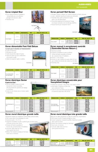 AUDIO-VIDÉO
                                                                                                                                                        Les nouveautés

Ecran trépied Star                                                                             Ecran portatif Roll Screen
• Ecran trépied facilement installable et                                                      • Portable, compact et élégant, est simple d'utilisation et facile à dérouler.
   transportable pour une utilisation                                                          • Carter - piètement aluminium (couleur gris anthracite).
  partagée entre plusieurs salles.                                                             • Toile Blanc Mat cadrée parfaitement tendue
• Toile blanc mat                                                                                grâce à son mât télescopique
                                                                                               • Cela permet également de positionner l’image
                                                                                                 à la hauteur souhaitée (crans de blocage prédéﬁnis
                                                                                               • Housse fournie pour transporter l’écran
                                                            Réf. 964250




                                                                                                                                                Réf. 964257
    DÉSIGNATION        FORMAT    DIMENSIONS          RÉF.                 PRIX DE VENTE € HT
                                 127 x 127 mm      964250                       86,00
                        1:1
                                 152 x 152 mm      964251                      105,00
                                 178 x 178 mm      964252                      129,00
                                                                                                DÉSIGNATION          FORMAT     DIMENSIONS           RÉF.          PRIX DE VENTE € HT
Ecran trépied                    213 x 213 mm      964253                      179,00
                                 152 x 115 mm      964254                      119,00                                            128 x 98 mm       964257                 409,00
                        4:3      178 x 135 mm      964255                      129,00          Ecran portatif          4:3       168 x 128 mm      964258                 509,00
                                 213 x 162 mm      964256                      169,00                                            211 x 160 mm      964259                 617,00

Ecran démontable Fast Fold Deluxe                                                              Ecran manuel à enroulement contrôlé
Le must pour la location et l'événementiel !                                                   ( Controlled Screen Return )
• Cadre en aluminium                                                                           • Aluminium anodisé
• Montage sans outils                                                                          • Simplicité d’installation murale ou plafond.
• Cadre pouvant être réglé en hauteur                                                            Entraxe de ﬁxation ajustable en fonction
• Toile avec liseret noir pour amélioration                                                      des contraintes liées à l’installation….
  de la qualité visuelle                                                                       • Format 1:1 sans cadrage
• Valise de rangement rigide à roulettes                                                       • Format 4:3, avec cadrage noir quatre côtés (2,5 cm)
                                                                                                 pour renforcer le contraste des couleurs sur les toiles
                                              Réf. 964261                                      • Toile Blanc Mat                              Réf. 964266


                                                                                                 DÉSIGNATION         FORMAT     DIMENSIONS           RÉF.          PRIX DE VENTE € HT
                                                                                                                                 158 x 158 mm      964265                 245,00
    DÉSIGNATION        FORMAT    DIMENSIONS          RÉF.                 PRIX DE VENTE € HT
                                                                                                                       1:1
                                                                                                                                 178 x 178 mm      964266                 280,00
                                 213 x 160 mm      964260                       926,00                                           198 x 198 mm      964267                 329,00
Ecran démontable
                                 244 x 183 mm      964261                      1041,00         Ecran trépied                     238 x 238 mm      964268                 376,00
Fast Fold Deluxe
                        4:3      305 x 228 mm      964262                      1259,00                                           178 x 135 mm      964269                 280,00
                                 366 x 274 mm      964263                      1436,00                                 4:3       198 x 150 mm      964270                 326,00
                                 427 x 320 mm      964264                      1637,00                                           238 x 180 mm      964271                 376,00

Ecran électrique Senior                                                                        Ecran électrique encastrable pour
A partir de 3.5m !                                                                             faux-plafond Integra
• une fois installé, le moteur et la toile                                                     • Système de connexion « Plug & Play » très simple à utiliser.
  de projection restent accessibles,                                                           • Accès facile à l’intérieur du carter sans
  aﬁn de permettre les opérations de réglage                                                     avoir à démonter l’écran.
  et d’entretien                                                                               • Carter en acier avec ﬁnition pour faux plafonds
• Carter en acier robuste avec un moteur rapide                                                  en aluminium laqué blanc (RAL 9016).
  et silencieux.


    DÉSIGNATION        FORMAT    DIMENSIONS          RÉF.                 PRIX DE VENTE € HT     DÉSIGNATION         FORMAT     DIMENSIONS           RÉF.          PRIX DE VENTE € HT
                                 350 x 350 mm      964273                      3049,00                                           180 x 180 mm      964281                  959,00
                        1:1
                                 400 x 400 mm      964273                      3049,00                                 1:1
                                                                                                                                 220 x 220 mm      964283                  990,00
                                 450 x 450 mm      964274                      4167,00                                           280 x 280 mm      964285                 1217,00
Ecran électrique Se-             500 x 500 mm      964275                      4697,00         Ecran électrique                  280 x 280 mm      964286                 1484,00
nior                             350 x 265 mm      964276                      2467,00         encastrable Integra               180 x 138 mm      964289                  959,00
                        4:3
                                 400 x 300 mm      964277                      2772,00                                 4:3
                                                                                                                                 220 x 168 mm      964291                  990,00
                                 450 x 340 mm      964278                      3789,00                                           280 x 213 mm      964293                 1217,00
                                 500 x 378 mm      964279                      4270,00                                           320 x 243 mm      964295                 2230,00
Télécommande RF          -             -           964280                       184,00         Télécommande RF          -              -           964297                  184,00

Ecran mural électrique grande taille                                                           Ecran mural électrique très grande taille
Parfaitement adapté aux installations audiovisuelles professionnelles.                         Idéal pour les salles polyvalentes ou salles de conférences, amphithéâtres
• Prêt à poser grâce à ses préréglages en usine.                                               • Prêt à poser et prêt à l'emploi (préréglé en usine).
• Section de carter : 15 x 17 cm                                                               • Caisson autoporteur composé de proﬁlés d’aluminium anodisé
• Simplicité d’installation murale ou plafond grâce aux deux pattes                              (faces avant et arrière)
  de ﬁxation fournies avec l’écran.                                                            • Moteur frein tubulaire protégé par thermique.
• Entraxes de ﬁxation ajustables en                                                            • Fourni avec un inverseur.
  fonction des contraintes liées à l’installation.                                             • Livré avec câble moteur de 10 m
• Livré avec câble moteur de 10 m                                                                (sortie gauche face écran).
  (sortie gauche face écran).
• Moteur frein tubulaire protégé par thermique.
  Fourni avec un inverseur



    DÉSIGNATION        FORMAT    DIMENSIONS          RÉF.                 PRIX DE VENTE € HT
                                                                                                 DÉSIGNATION         FORMAT     DIMENSIONS           RÉF.          PRIX DE VENTE € HT
Ecran mural             1:1      400 x 400 mm      964298                      1974,00
grande taille
                        4:3
                                 400 x 300 mm      964299                      1664,00         Ecran mural élec.      1:1       500 x 500 mm       964303                 3384,00
Media Screen                     500 x 375 mm      964300                      2484,00         Auto Screen            4:3       600 x 450 mm       964304                 4014,00
Interrupteur mural       -             -           964301                      158,00          Télécommande radiofréquence (RF)                    964305                  158,00


                                                                                                                                                                                    21
 