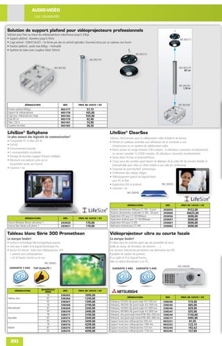 AUDIO-VIDÉO
                         Les nouveautés


Solution de support plafond pour vidéoprojecteurs professionnels
Solution pour ﬁxer au mieux les vidéoprojecteurs volumineux jusqu'à 20kgs
• Support plafond : diamètre jusqu'à 45cm                                                                                                                          Réf. 903177
• Cage antivol : 539x515x323 – Se ferme par des vis antivol spéciales ( fournies) et/ou par un cadenas non fourni
• Fixation plafond : poids max 60kgs – Inclinable
• Système de tubes avec coupleur (diam 50mm)
                                                                                                                          Réf. 903177

                                                                           Réf. 903179


                                                 Réf. 903183                                                                                                       Réf. 903179
                                                                                                                                                                       80 cm




                                                                                                                                                                   Réf. 903181
                                                                                                                                                                      1,50 m




                 DÉSIGNATION                             RÉF.   PRIX DE VENTE € HT                                                                                Réf. 903183
Fixation plafond (60kgs)                               903177           37,15
Support de vidéoprojecteur                             903178          165,00
Cage pour vidéoprojecteur large                        903183          559,00
Tube 80 cm                                             903179           42,90
Tube 1,50 m                                            903181           74,90
Coupleur de tubes                                      903182           38,50

LifeSize® Softphone                                                                          LifeSize® ClearSea
Le plus avancé des logiciels de communication !                                              Solution client/serveur pour la collaboration vidéo mobile et de bureau
• Compatible PC et Mac (OS X)                                                                • Permet en quelques secondes aux utilisateurs de se connecter à une
• Full HD                                                                                      infrastructure ou un système de collaboration vidéo.
• Environnement sécurisé                                                                     • Partie serveur en image Vmware (100 comptes , 6 utilisateurs connectés simultanément)
• 3 correspondants simultanés                                                                  ou serveur rackable 1U (2500 comptes, 26 utilisateurs connectés simultanément)
• Partage de données (support d'écrans multiples)                                            • Partie client PC/mac et Android/iPhone
• Nécessite une webcam ainsi qu'un                                                           • Conçu pour des sociétés ayant besoin de déployer de la vidéo HD de manière ﬂexible et
  équipement audio non fournis                                                                 interopérable pour relier un client mobile à une salle de conférences
• Garantie 1 an                                                                              • Traversée de pare-feu/NAT automatique
                                                                                             • Chiffrement des médias intégré
                                                                                             • Téléchargement gratuit du logiciel client
                                                                                               pour PC et Mac
                                                                                             • Application IOS et Android                      Réf. 293055
                                                                                             • Garantie 1 an
                                                                                                                 Réf. 293056




                                                                                                                 DÉSIGNATION                              RÉF.      PRIX DE VENTE € HT
                                                                                              Solution client/serveur WMware CS 100 - 6 ports            293055           9152,00
                                                                                              Solution client/serveur matérielle CS 300 - 26 ports       293060           44625,00
                                                                                              Application IOS pour CS 100 WMware                         293056           3690,00
                 DÉSIGNATION                             RÉF.    PRIX DE VENTE € HT           Application Android pour CS 100 WMware                     293057           3690,00
Licence Windows lifesize soft phone 1                  293020          170,00                 Application IOS pour CS 300                                293061           3690,00
Licence Mac lifesize soft phone 1                      293021          170,00                 Apllication Android pour CS 300                            293062           3690,00

Tableau blanc Série 300 Promethean                                                           Vidéoprojecteur ultra ou courte focale
La marque leader!                                                                            La marque leader!
• Surface à technologie électromagnétique passive                                            S'utilise dans les endroits ayant peu de possibilité de recul
• Livré avec 4 stylets et le logiciel ActivInspire Pro                                       (salle de classe, de formation, de réunions … )
• Version Pro Mount : livrée avec Vidéoprojecteur DLP                                        Les versions interactives permettent une alternative aux TBI.
  + potence pour vidéoprojecteur                                                             Equipées de capteur de position,
  + kit de ﬁxation directe sur le mur                                                        d'un stylet et d'un logiciel fournis,
                                        Réf. 338365
                                                                                             elles se relient directement à un PC..
                                                                                                                                                                  Réf. 338206
    GARANTIE 3 ANS        TOP QUALITÉ !                                                         GARANTIE 3 ANS             GARANTIE 5 ANS




         DÉSIGNATION              DIAGONALE              RÉF.   PRIX DE VENTE € HT
                                     (MM)
                                          78           338365         1099,00
                                                                                                                 DÉSIGNATION                              RÉF.      PRIX DE VENTE € HT
Tableau Seul                              87           338366         1249,00
                                          95           338367         1399,00                 Videoproj. EX320U dlp grand angle 4/3 2700 lum             338206             519,00
                                          78           338368         2199,00                 Videoproj. EW230U dlp grand angle 4/3 2500 lum             338245             685,00
PRO MOUNT                                 87           338369         2349,00                 Videoproj. XD360U dlp grand angle 4/3 3000 lum             338246             829,00
                                          95           338370         2499,00                 Videoproj. WD380U dlp grand angle 4/3 2800 lum             338247             835,00
                                          78           338371         3199,00                 Videoproj. ultra grand angle interactif WD 365u 2500 lum   338249            1150,00
Ajustable                                 87           338372         3349,00                 Videoproj. ultra grand angle interactif WD 385u 2800 lum   338211            1095,00
                                          95           338373         3499,00                 Support mural pour vidéoprojecteur 650 mm                  903251              81,05
                                          78           338374         4299,00                 Support mural pour vidéoprojecteur 1000 mm                 903252             122,74
Mobile                                    87           338375         4449,00                 Support mural pour vidéoprojecteur 525 mm                  903244             192,63
                                          95           338376         4599,00                 Support mural pour vidéoprojecteur 1250 mm                 903245             157,89


    20
 