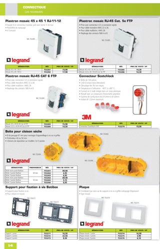 CONNECTIQUE
                         Les nouveautés


Plastron mosaïc 45 x 45 1 RJ-11-12                                                            Plastron mosaïc RJ-45 Cat. 5e FTP
• Equipé d’un connecteur modular jack avec borne ¼ de tour                                    • Prise avec connecteur LCS à connexion rapide
• Possibilité de repiquage                                                                    • Pour câble monobrin AWG 22 à 26
• 4 Contacts                                                                                  • Pour câble multibrins AWG 26
                                                                                              • Repérage des contacts 568 A et B

                             Réf. 753281
                                                                                                                              Réf. 753285




                   DÉSIGNATION                            RÉF.           PRIX DE VENTE € HT                    DÉSIGNATION                             RÉF.            PRIX DE VENTE € HT
Mosaïc 45 x 45 1 RJ11                                 753281                   14,90          Mosaïc 45 x 45 1 RJ-45 Cat. 5e FTP                     753285                    14,30
Mosaïc 45 x 45 1 RJ12                                 753282                   17,90          Mosaïc 22,5 x 45 1 RJ-45 Cat. 5e FTP                   753286                    14,30
Plastron mosaïc RJ-45 CAT 6 FTP                                                               Connecteur Scotchlock
• Prise avec connecteur LCS à connexion rapide                                                •   Boîte de 100 pièces
• Pour câble monobrin AWG 22 à 26                                                             •   CAD (Contact Auto Dénudant).
• Pour câble multibrins AWG 26                                                                •   Dénudage des ﬁls non requis.
• Repérage des contacts 568 A et B                                                            •   Température d’utilisation : -40°C à +80° C.
                                                                                              •   Contact en U isolé intégré dans un corps plastique.
                                                                                              •   Rempli avec un composant d’étancheïté polymère.
                                                                                              •   Gamme de conducteurs de Ø 0,4mm à Ø 0,8mm.
                                            Réf. 753284
                                                                                              •   Isolant Ø 1,52mm maximum.




                   DÉSIGNATION                            RÉF.           PRIX DE VENTE € HT
                                                                                                                DÉSIGNATION                            RÉF.            PRIX DE VENTE € HT
Mosaïc 45 x 45 RJ-45 Cat. 6 FTP                       753283                   15,90
Mosaïc 22,5 x 45 RJ-45 Cat. 6 FTP                     753284                   14,50          Connecteur Scotchlock x100                             753279                    19,90

Boîte pour cloison sèche
                                                                                                                            Réf. 753262
• Ø de perçage 67 mm pour montage d'appareillage à vis ou à griffes
• Profondeur 40 ou 50 mm
• Cloisons de séparation sur modèle 2 et 3 postes




                                      Réf. 753264


                                                                                                      Réf. 753266



       DÉSIGNATION                  PROFONDEUR            RÉF.           PRIX DE VENTE € HT
Boîte mono poste Batibox                              753261                   89,00
Boîte 2 postes Batibox                 40 mm          753262                    4,95
Boîte 3 postes Batibox                                753263                    6,95
Boîte mono poste Batibox                              753264                   89,90
Boîte 2 postes Batibox                 50 mm          753265                    5,15
Boîte 3 postes Batibox                                753266                    6,95

Support pour fixation à vis Batibox                                                           Plaque
• Supports pour ﬁxation à vis                                                                 • S’enclipsent par crans sur les supports à vis ou à griffes (rattrapage d’épaisseur)
• Pour celiane et mosaic                                                                      • Type mosaïc
                              Réf. 753271                                                                                    Réf. 753274

                                                                 Réf. 753272
                                                                                                                                                                       Réf. 753275




                   DÉSIGNATION                            RÉF.           PRIX DE VENTE € HT                     DÉSIGNATION                            RÉF.            PRIX DE VENTE € HT
Support 1 poste                                       753271                   16,50          Plaque mosaïc 1 poste                                  753274                    16,90
Support 2 postes                                      753272                   32,50          Plaque mosaïc 2 postes                                 753275                     3,90
Support 3 postes                                      753273                    8,50          Plaque mosaïc 3 postes                                 753276                     6,10


   14
 