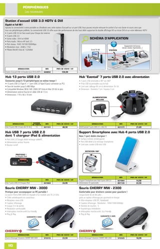 PÉRIPHÉRIQUES
                         Les nouveautés

Station d'accueil USB 3.0 HDTV & DVI
Gigabit et Full HD !
Ajoutez la connectivité à votre portable ou UltraBook avec cette station d'accueil sur un port USB. Vous pouvez ensuite retrouver le confort d'un vrai clavier et souris ainsi que
tous vos périphériques préférés. Sa connectivité USB 3.0 offre aussi des performances de très haut débit supportant le double afﬁchage HD sur écran DVI et sur votre téléviseur HDTV
• 2 ports USB 3.0 en face avant pour Disque dur externe
• 4 ports USB 2.0
• Sortie vidéo : DVI-I et HDMI                                                                              SCHÉMA D’APPLICATION
• Ports Audio : Micro+HP Jack 3.5
• Port réseau : RJ45 10/100/1000Mbps                                                                                                    INTERNET
                                                                                                                                           LAN
                                                                                                                                                           Equipement de bureau
• Résolution max : 2048 x 1152                                                                                                                          (écran, clavier, imprimente...)
• Pilotes WinXP, Vista & 7 32/64bit                                                                           Ecran TV HD             STATION




                                                                                                                                         NOTEBOOK

                                                                                                                                                            Disque dur
                                                                                                                                                               USB
                 DÉSIGNATION                         RÉF.         PRIX DE VENTE € HT
Station d'accueil USB 3.0 Double écran DVI & HDTV   040892               159,99

Hub 13 ports USB 2.0                                                                           Hub "Eventail" 7 ports USB 2.0 avec alimentation
Connectez jusqu’à 13 périphériques en même temps !                                             •   7 ports USB orientable à 90° sur 360°
•   13 ports USB 2.0 Type A + 1 port USB 2.0 Type B (pour connexion au PC)                     •   Prise USB escamotable sous le hub
•   Taux de transfert jusqu’à 480 Mbps                                                         •   Livré avec rallonge 60 cm et alimentation 5V 2A
•   Compatible Windows 98 SE / ME / 2000 / XP / Vista et Mac OS 8.6 et plus                    •   Dimension : Diametre 7 cm / hauteur 5 cm
•   Alimentation externe fournie et câble USB de 1,5 m
•   Dimensions : 119 x 56 x 19 mm
                                                                                                                  ALIMENTATION
                                                                                                                     INCLUSE




          DÉSIGNATION                  NOMBRE        RÉF.         PRIX DE VENTE € HT                             DÉSIGNATION                         RÉF.            PRIX DE VENTE € HT
                                       DE PORTS
Hub 13 ports USB 2.0 avec alim 5V 4A      13        021151               48,50                  HUB Eventail 7 ports USB 2.0 + Alim 5V           021177                    21,69

Hub USB 7 ports USB 2.0                                                                        Support Smartphone avec Hub 4 ports USB 2.0
dont 1 chargeur iPad & alimentation                                                            Avec 1 port dédié chargeur !
• Port USB 2.0 (rouge) dédié recharge tabletPC                                                 • Surface inclinée antidérapante
• Alimentation secteur fournie                                                                 • Port USB dédié à la recharge Smartphone
• Bouton on/off                                                                                • Livré avec cordon USB-mini USB


                                                                                                        ROTATION 180°
               PRATIQUE !
              Le chargeur iPad




                                                                                                                DÉSIGNATION                          RÉF.            PRIX DE VENTE € HT
                 DÉSIGNATION                         RÉF.         PRIX DE VENTE € HT           Support Smartphone avec Hub 4 ports USB 2.0      021064                     14,90
Hub 7 ports USB 2.0 Chargeur iPad                   021069               24,99                 Alimentation 5V optionnelle                      801120                     22,50

Souris CHERRY MW - 3000                                                                        Souris CHERRY MW - 2300
Pratique pour accompagner un PC portable !                                                     Confortable pour droitiers comme pour gauchers !
La souris Cherry MW 3000 est équipée d’un module sans ﬁl 2,4 GHz.                              Longue durée de vie des piles :
• Côtés antidérapants en caoutchouc                                                            grâce au capteur infrarouge peu gourmand en énergie
• Récepteur nano-USB                                                                           • Mini-récepteur USB (PC, Notebook)
• Capteur infrarouge                                                                           • Capteur Infrarouge - Résolution : 1000/1500/2000dpi
• Jusque 5 m de portée                                                                         • Nombre de touches : 5
• Résolution commutable                                                                        • Asymétrique, Ambidextre
• Interrupteur marche-arrêt Eco Friendly                                                       • Interrupteur marche-arrêt Eco Friendly
• Plug & Play                                                                                  • Plug & Play
                              GARANTIE 3 ANS                                                                                 GARANTIE 3 ANS




                 DÉSIGNATION                         RÉF.         PRIX DE VENTE € HT                             DÉSIGNATION                         RÉF.            PRIX DE VENTE € HT
Souris infrarouge 5 boutons CHERRY MW 3000          572315               23,59                  Souris infrarouge 5 boutons CHERRY MW 2300       572325                    18,99


     10
 