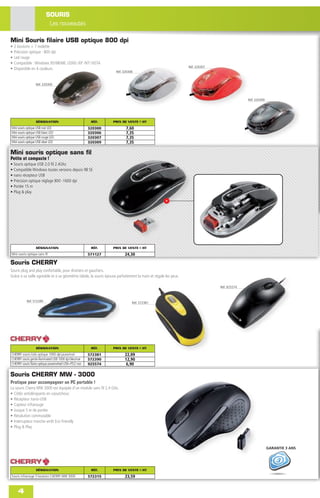 SOURIS
                            Les nouveautés

Mini Souris ﬁlaire USB optique 800 dpi
•   2 boutons + 1 molette
•   Précision optique : 800 dpi
•   Led rouge
•   Compatible : Windows 95/98/ME /2000 /XP /NT/ VISTA
                                                                                                                 Réf. 320307
•   Disponible en 4 couleurs
                                                                     Réf. 320306


                   Réf. 320300



                                                                                                                                             Réf. 320309




                   DÉSIGNATION                             RÉF.    PRIX DE VENTE € HT
Mini souris optique USB noir LED                          320300           7,60
Mini souris optique USB blanc LED                         320306           7,35
Mini souris optique USB rouge LED                         320307           7,35
Mini souris optique USB silver LED                        320309           7,35

Mini souris optique sans fil
Petite et compacte !
• Souris optique USB 2.0 ﬁl 2.4Ghz
• Compatible Windows toutes versions depuis 98 SE
• nano récepteur USB
• Précision optique réglage 800 -1600 dpi
• Portée 15 m
• Plug & play




                   DÉSIGNATION                             RÉF.    PRIX DE VENTE € HT
Mini souris optique sans ﬁl                               571127          24,30

Souris CHERRY
Souris plug and play confortable, pour droitiers et gauchers.
Grâce à sa taille agréable et à sa géométrie idéale, la souris épouse parfaitement la main et régale les yeux.

                                                                                                                               Réf. 925574



            Réf. 572390                                                        Réf. 572381




                   DÉSIGNATION                             RÉF.    PRIX DE VENTE € HT
CHERRY souris kids optique 1000 dpi jaune/noir            572381          22,09
CHERRY souris gentix illuminated USB 1000 dpi bleu/noir   572390          12,90
CHERRY souris ﬁlaire optique powerwheel USB+PS/2 noir     925574           6,90

Souris CHERRY MW - 3000
Pratique pour accompagner un PC portable !
La souris Cherry MW 3000 est équipée d’un module sans ﬁl 2,4 GHz.
• Côtés antidérapants en caoutchouc
• Récepteur nano-USB
• Capteur infrarouge
• Jusque 5 m de portée
• Résolution commutable
• Interrupteur marche-arrêt Eco Friendly
• Plug & Play



                                                                                                                                                           GARANTIE 3 ANS




                   DÉSIGNATION                             RÉF.    PRIX DE VENTE € HT
Souris infrarouge 5 boutons CHERRY MW 3000                572315          23,59


      4
 