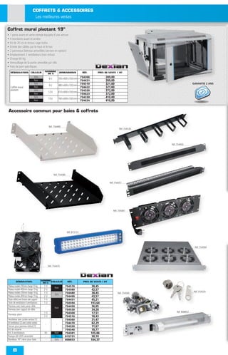 COFFRETS & ACCESSOIRES
                                  Les meilleures ventes

Coffret mural pivotant 19”
•   1 porte avant en verre trempé équipée d’une serrure
•   4 montants avant et arrière
•   Kit de 20 vis et écrous cage inclus
•   Entrée des câbles par le haut et le bas
•   2 panneaux latéraux amovibles (serrure en option)
•   Emplacement 2 ventilateurs (non inclus)
•   Charge 60 Kg
•   Verrouillage de la partie amovible par clés
•   Frais de port spéciﬁques
    DÉSIGNATION COULEUR                      NOMBRE              DIMENSIONS           RÉF.        PRIX DE VENTE € HT
                                               DE U
                                   Gris
                                                  6U           350 x 600 x 550 mm
                                                                                     754300            289,00
                                   Noir                                              754621            289,00
                                   Gris
                                                  9U           480 x 600 x 550 mm
                                                                                     754310            321,00                                      GARANTIE 2 ANS
    Coffret mural                  Noir                                              754622            321,00
    pivotant                       Gris                                              754320            372,00
                                                  12 U         610 x 600 x 550 mm
                                   Noir                                              754623            372,00
                                   Gris
                                                  15 U         760 x 600 x 550 mm
                                                                                     754330            410,00
                                   Noir                                              754624            410,00


Accessoire commun pour baies & coffrets


                                                  Réf. 754480
                                                                                                                   Réf. 754530




                                                                                                                                 Réf. 754450




                                                         Réf. 754580


                                                                                                           Réf. 754451




                                                                                                              Réf. 754581




                                                                       Réf. 815731




                                                                                                                                                    Réf. 754594




                                                  Réf. 754470




          DÉSIGNATION                      NOMBRE COULEUR              RÉF.           PRIX DE VENTE € HT
                                            DE U
Plateau modem 250mm charge 10 kg             1U
                                                         Noir
                                                                     754570                    38,45
Plateau modem 400mm charge 15 kg             2U                      754580                    42,57
                                                                                                                                                   Réf. 754520
Plateau modem 250mm charge 10 kg             1U
                                                          Gris
                                                                     754480                    38,45              Réf. 754540
Plateau modem 400mm charge 15 kg             2U                      754490                    42,57
Passe cables avec brosse avec support        1U                      754451                    45,21
Tiroir de ventilation 6 ventilateurs         1U                      754594                   193,64
Panneau avec balai passe câble
                                              -          Noir
                                                                     754450                    36,05
Panneau avec support de câble                                        754530                    34,28
                                                                                                                                     Réf. 808853
Panneau plein
                                             1U                      754500                    17,51
                                             2U                      754510                    18,43
Ventilateur avec cordon secteur (1)                                  754560                    31,47
Kit ventilateurs (2) avec cordon secteur
                                              -            -
                                                                     754470                    82,29
Serrure pour panneau latéral (1)                                     754520                    11,67
Kit de visserie                                                      754540                    18,77
Kit 3 ventilateurs                           3U          Noir        754581                   105,86
Rampe 60 LEDS aimentée                        -          Bleu        815731                    30,10
Bandeau 19” néon pour baie                    -          Gris        808853                   104,37


      8
 