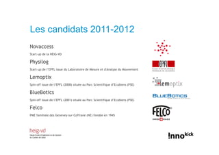Les candidats 2011-2012
Novaccess
Start-up de la HEIG-VD

Physilog
Start-up de l’EPFL issue du Laboratoire de Mesure et d'Analyse du Mouvement

Lemoptix
Spin-off issue de l’EPFL (2008) située au Parc Scientifique d’Ecublens (PSE)

BlueBotics
Spin-off issue de l’EPFL (2001) située au Parc Scientifique d’Ecublens (PSE)

Felco
PME familiale des Genevey-sur-Coffrane (NE) fondée en 1945
 