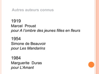 Autres auteurs connus

1919
Marcel Proust
pour A l’ombre des jeunes filles en fleurs

1954
Simone de Beauvoir
pour Les Mandarins

1984
Marguerite Duras
pour L’Amant
 