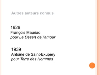 Autres auteurs connus


1926
François Mauriac
pour Le Désert de l'amour


1939
Antoine de Saint-Exupéry
pour Terre des Hommes
 