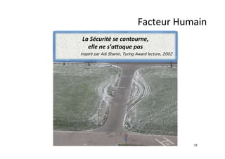 Facteur	
  Humain	
  	
  
	
  

La	
  Sécurité	
  se	
  contourne,	
  
elle	
  ne	
  s’a;aque	
  pas	
  
Inspiré par Adi Shamir, Turing Award lecture, 2002!

	
  
	
  
	
  
	
  
	
  
	
  

	
  

	
  

19	
  

 