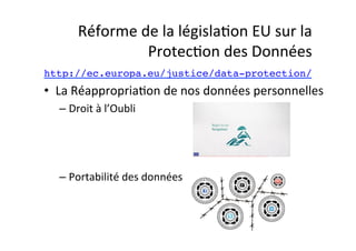 Réforme	
  de	
  la	
  législa;on	
  EU	
  sur	
  la	
  
Protec;on	
  des	
  Données	
  
http://ec.europa.eu/justice/data-protection/ !

•  La	
  Réappropria;on	
  de	
  nos	
  données	
  personnelles	
  
–  Droit	
  à	
  l’Oubli	
  

–  Portabilité	
  des	
  données	
  

	
  

 