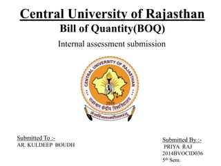 Central University of Rajasthan
Bill of Quantity(BOQ)
Submitted By :-
PRIYA RAJ
2014BVOCID036
5th Sem.
Submitted To :-
AR. KULDEEP BOUDH
Internal assessment submission
 