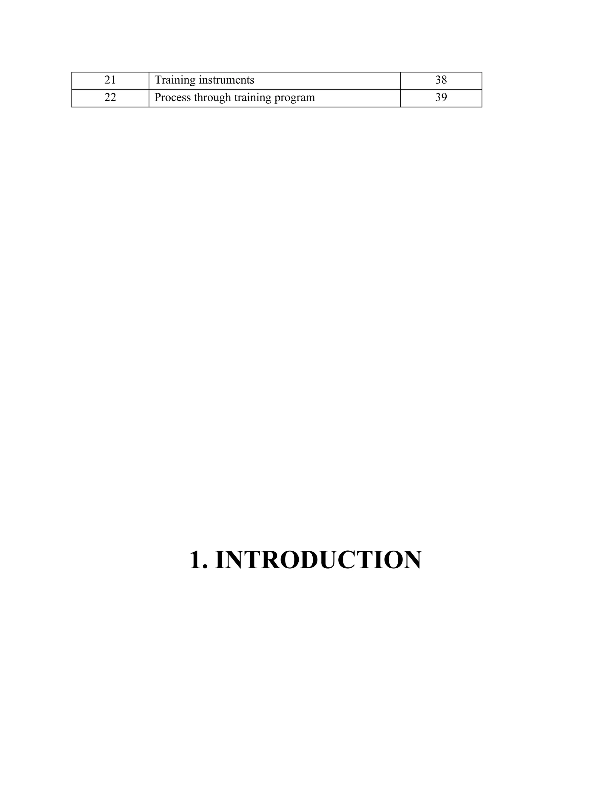 21   Training instruments               38
22   Process through training program   39




           1. INTRODUCTION
 