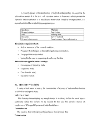 A research design is the specification of methods and procedure for acquiring the
information needed. It is the over – all operation pattern or framework of the project that
stipulates what information is to be collected from which source by what procedure. it is
also refers to the blue print of the research process.


         Key issue                              Options
         Research design                        Descriptive
         Data                                   Primary data
         Research                               Survey method
         Research instrument                    Questionnaire, Experts Interview

Research design consists of:
   •   A clear statement of the research problem.
   •   Procedure & techniques to be used for gathering information.
   •   The population to be studied.
   •   Method to be used in processing & analyzing the data
There are four types in research design:
   •   Exploratory of formative study
   •   Diagnostic study
   •   Experimental study
   •   Descriptive study



3.3. DESCRIPTIVE STUDY
  A study, which wants to portray the characteristic of a group of individual or situation
is known as descriptive study.
Universe of study
    The first step in developing any sample design is to clearly define the set of objects
technically called the universe to be studied. In this case the universe include all
employees of Whirlpool Company of India Pondicherry.
Data collection
   The required data for the project has collected from primary data
Primary data
 
