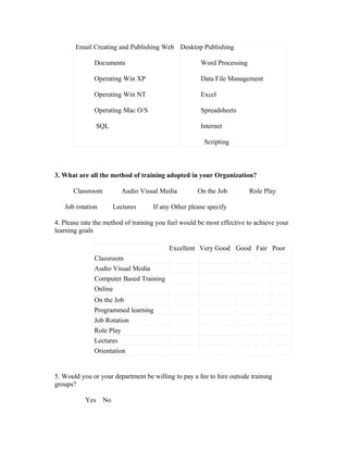Email Creating and Publishing Web Desktop Publishing

              Documents                              Word Processing

              Operating Win XP                       Data File Management

              Operating Win NT                       Excel

              Operating Mac O/S                      Spreadsheets

                 SQL                                 Internet

                                                       Scripting



3. What are all the method of training adopted in your Organization?

      Classroom          Audio Visual Media         On the Job         Role Play

   Job rotation        Lectures     If any Other please specify

4. Please rate the method of training you feel would be most effective to achieve your
learning goals

                                          Excellent Very Good Good Fair Poor
              Classroom
              Audio Visual Media
              Computer Based Training
              Online
              On the Job
              Programmed learning
              Job Rotation
              Role Play
              Lectures
              Orientation


5. Would you or your department be willing to pay a fee to hire outside training
groups?

           Yes    No
 