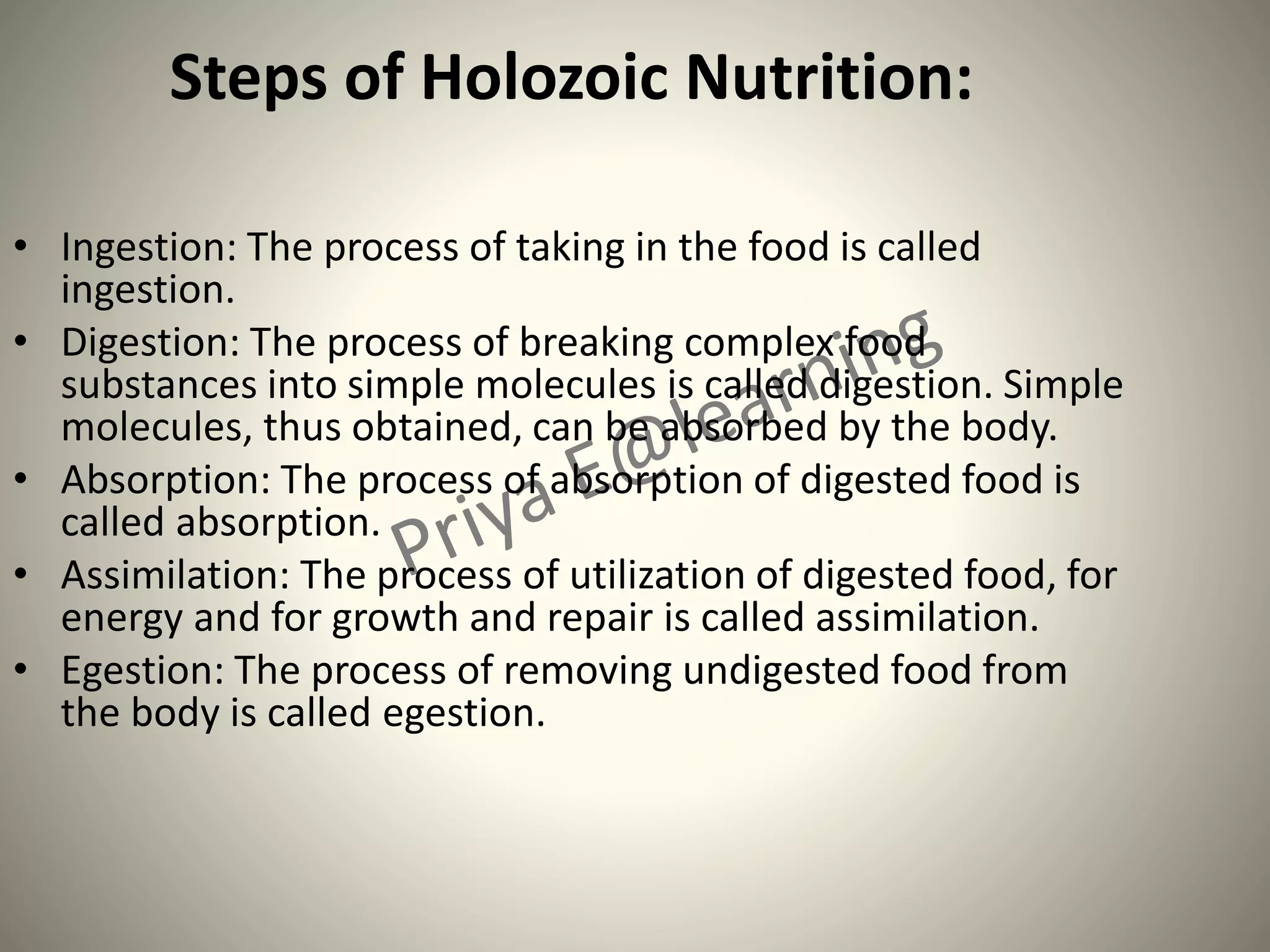 Steps of Holozoic Nutrition:
• Ingestion: The process of taking in the food is called
ingestion.
• Digestion: The process of breaking complex food
substances into simple molecules is called digestion. Simple
molecules, thus obtained, can be absorbed by the body.
• Absorption: The process of absorption of digested food is
called absorption.
• Assimilation: The process of utilization of digested food, for
energy and for growth and repair is called assimilation.
• Egestion: The process of removing undigested food from
the body is called egestion.
 