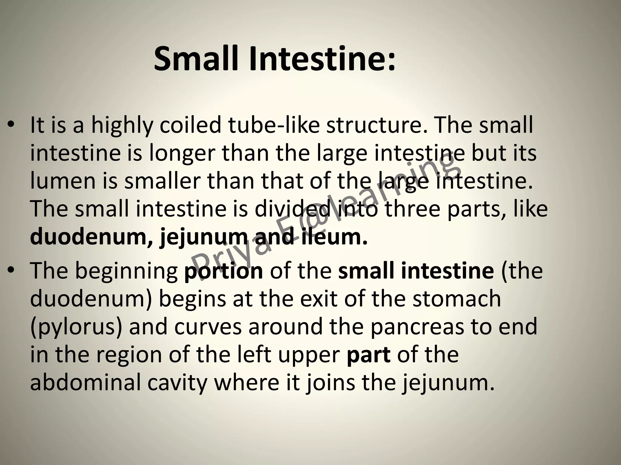 Small Intestine:
• It is a highly coiled tube-like structure. The small
intestine is longer than the large intestine but its
lumen is smaller than that of the large intestine.
The small intestine is divided into three parts, like
duodenum, jejunum and ileum.
• The beginning portion of the small intestine (the
duodenum) begins at the exit of the stomach
(pylorus) and curves around the pancreas to end
in the region of the left upper part of the
abdominal cavity where it joins the jejunum.
 