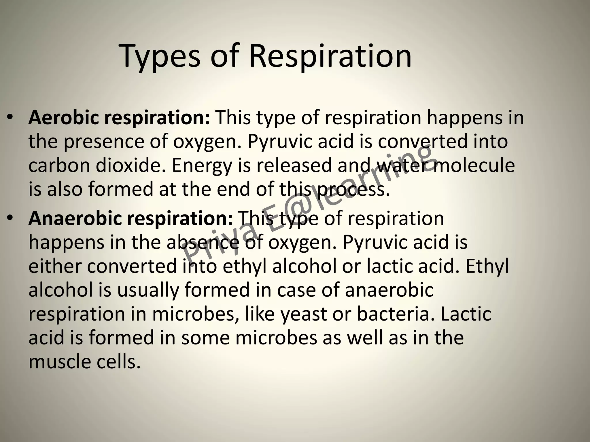 Types of Respiration
• Aerobic respiration: This type of respiration happens in
the presence of oxygen. Pyruvic acid is converted into
carbon dioxide. Energy is released and water molecule
is also formed at the end of this process.
• Anaerobic respiration: This type of respiration
happens in the absence of oxygen. Pyruvic acid is
either converted into ethyl alcohol or lactic acid. Ethyl
alcohol is usually formed in case of anaerobic
respiration in microbes, like yeast or bacteria. Lactic
acid is formed in some microbes as well as in the
muscle cells.
 